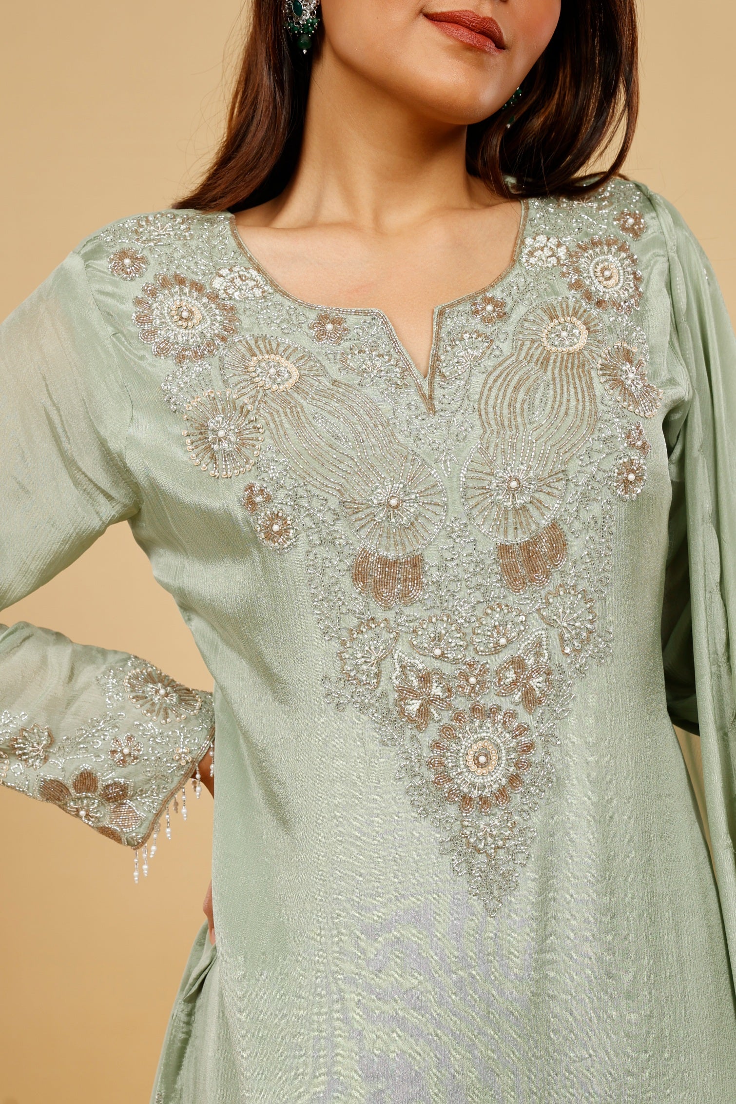 Mint Green Chinon Silk Sharara Set with Kutdana & Pearl Embroidery