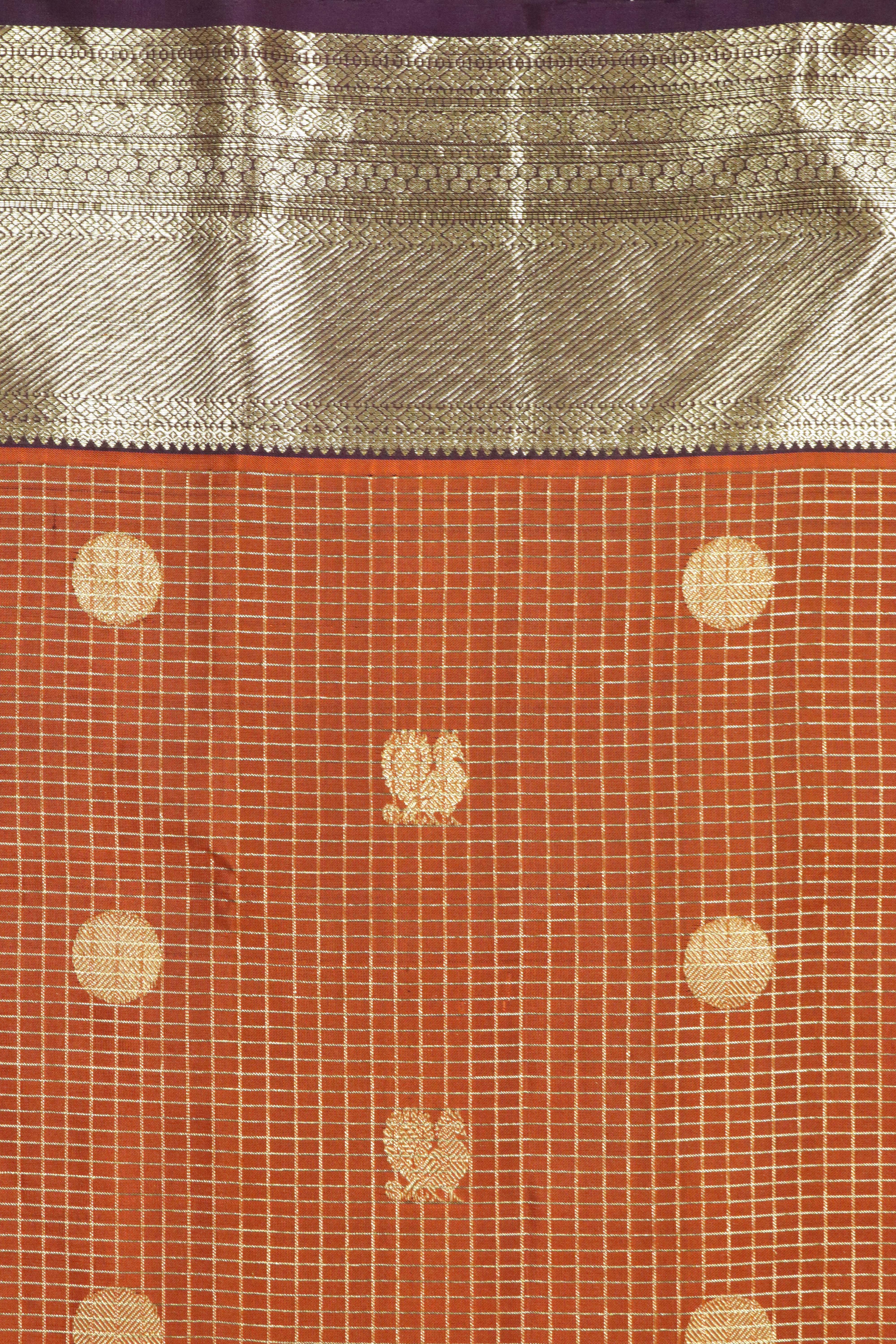 Rust Orange Kanchipuram Silk Saree with Zari Checks, Motifs & Weaving Border