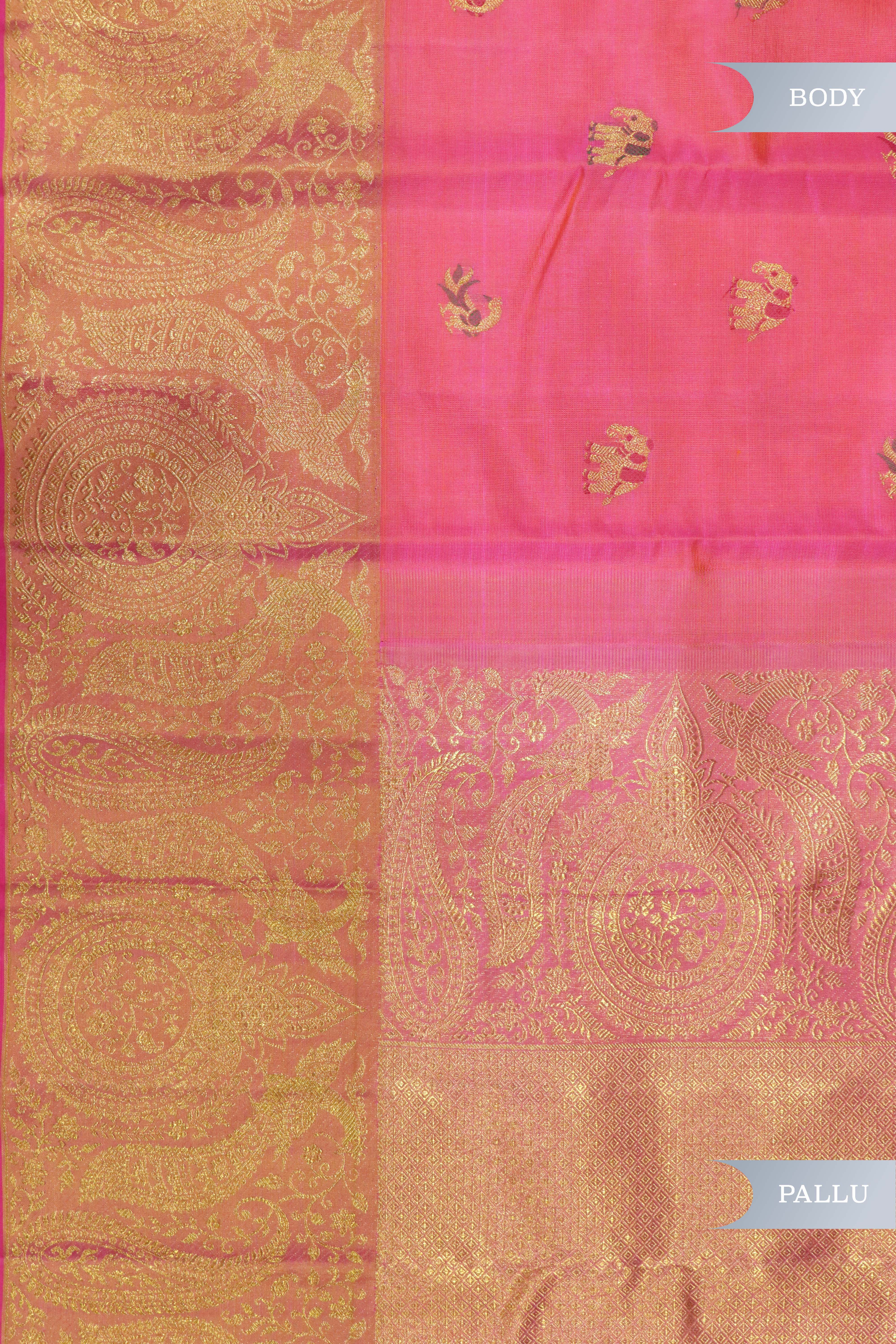 Shaded Pink Kanchipuram Silk Saree with Peacock & Elephant Motifs and Fancy Border