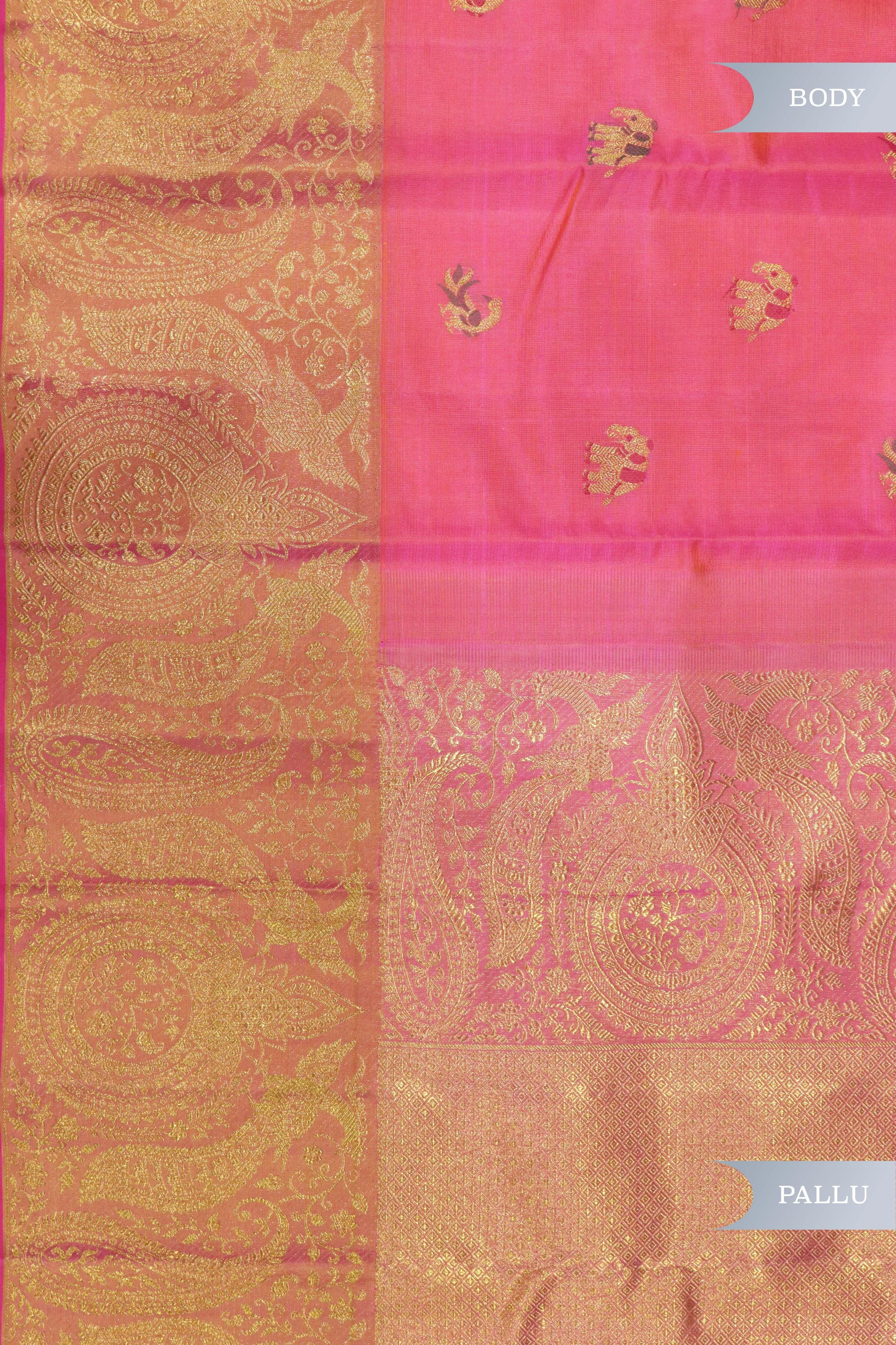 Shaded Pink Kanchipuram Silk Saree with Peacock & Elephant Motifs and Fancy Border - Mokshaa
