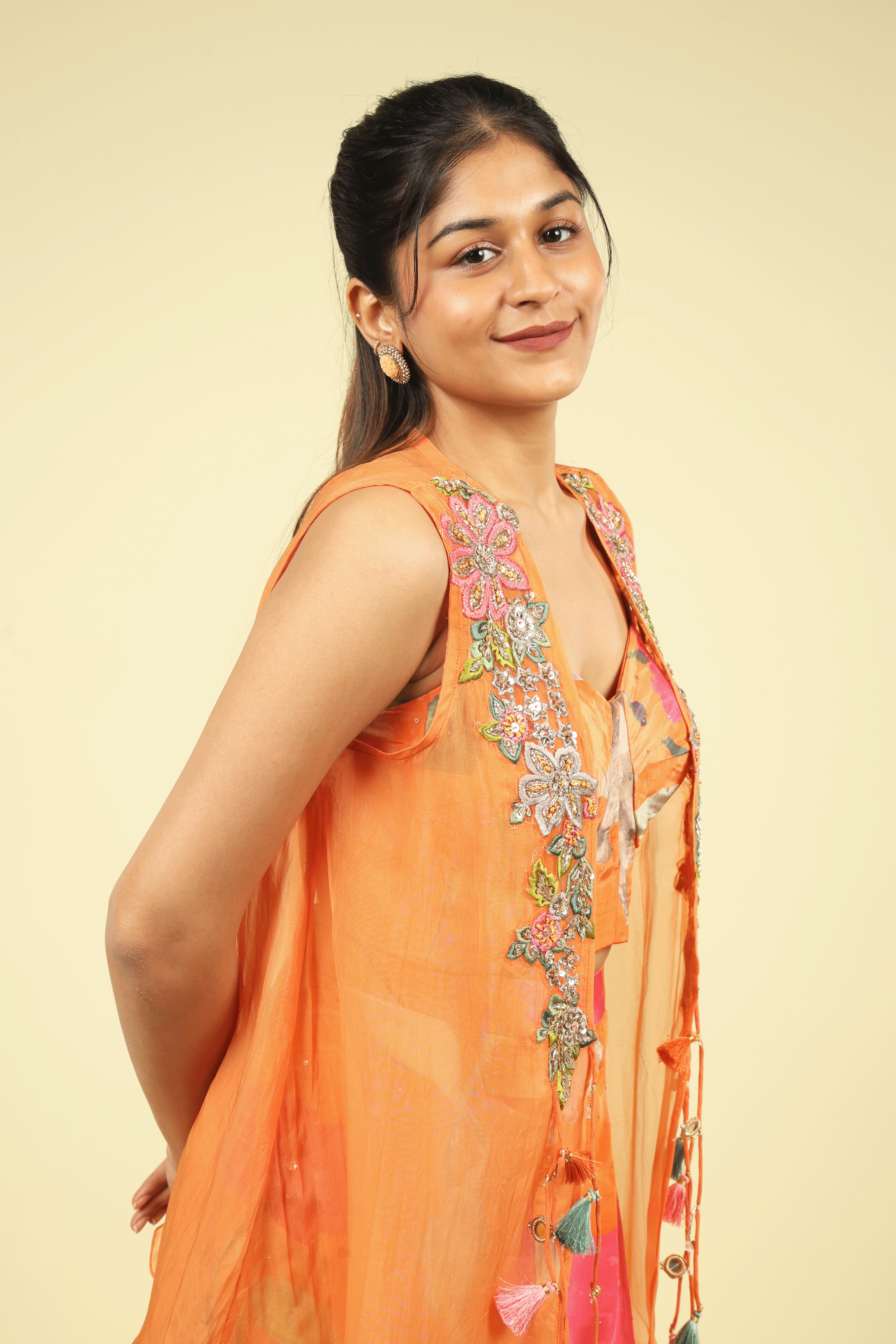 Orange Multi-Colour Printed Crepe Palazzo Set with Organza Jacket