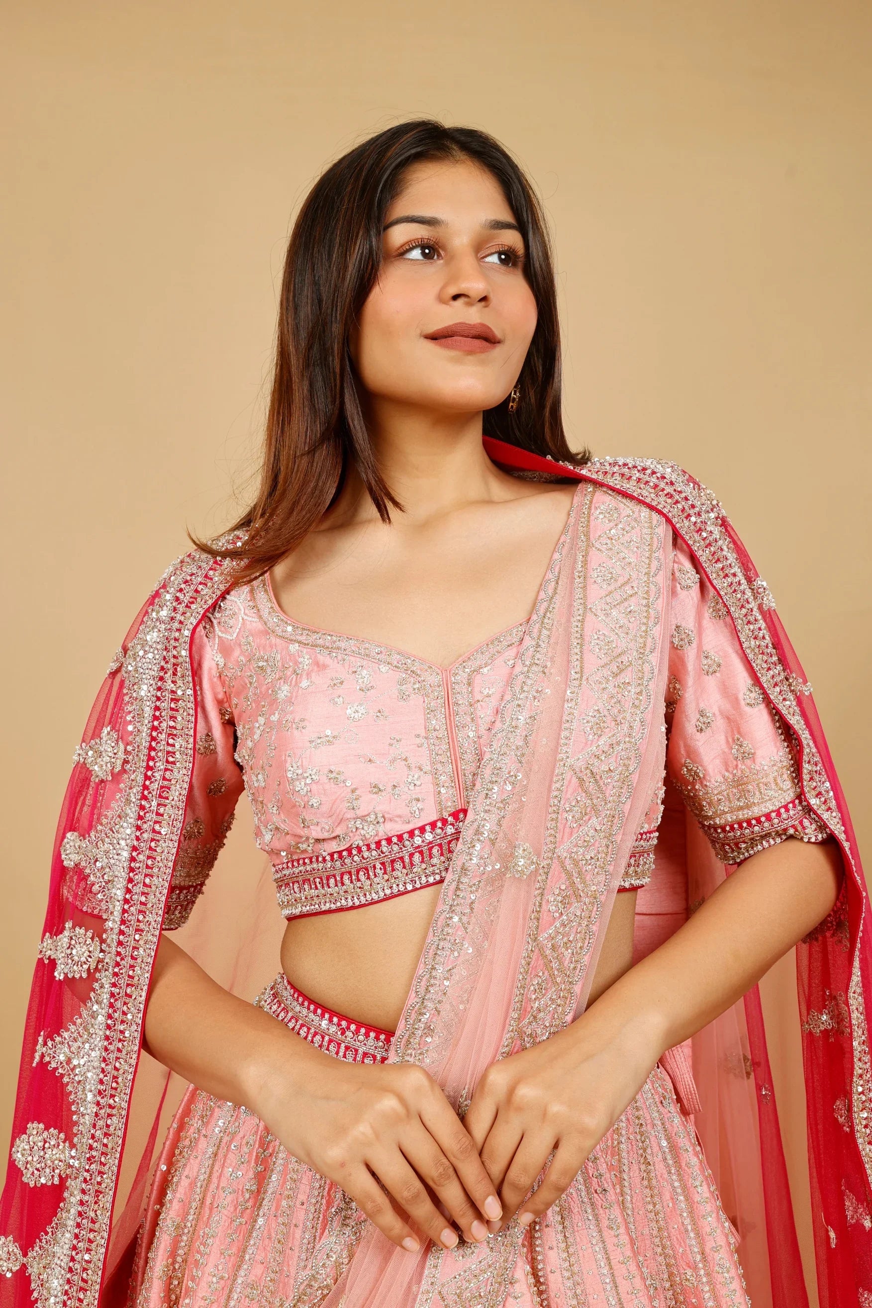 Pink Ombre Raw Silk Bridal Lehenga Set with Zari, Sequin & Zardozi Embroidery