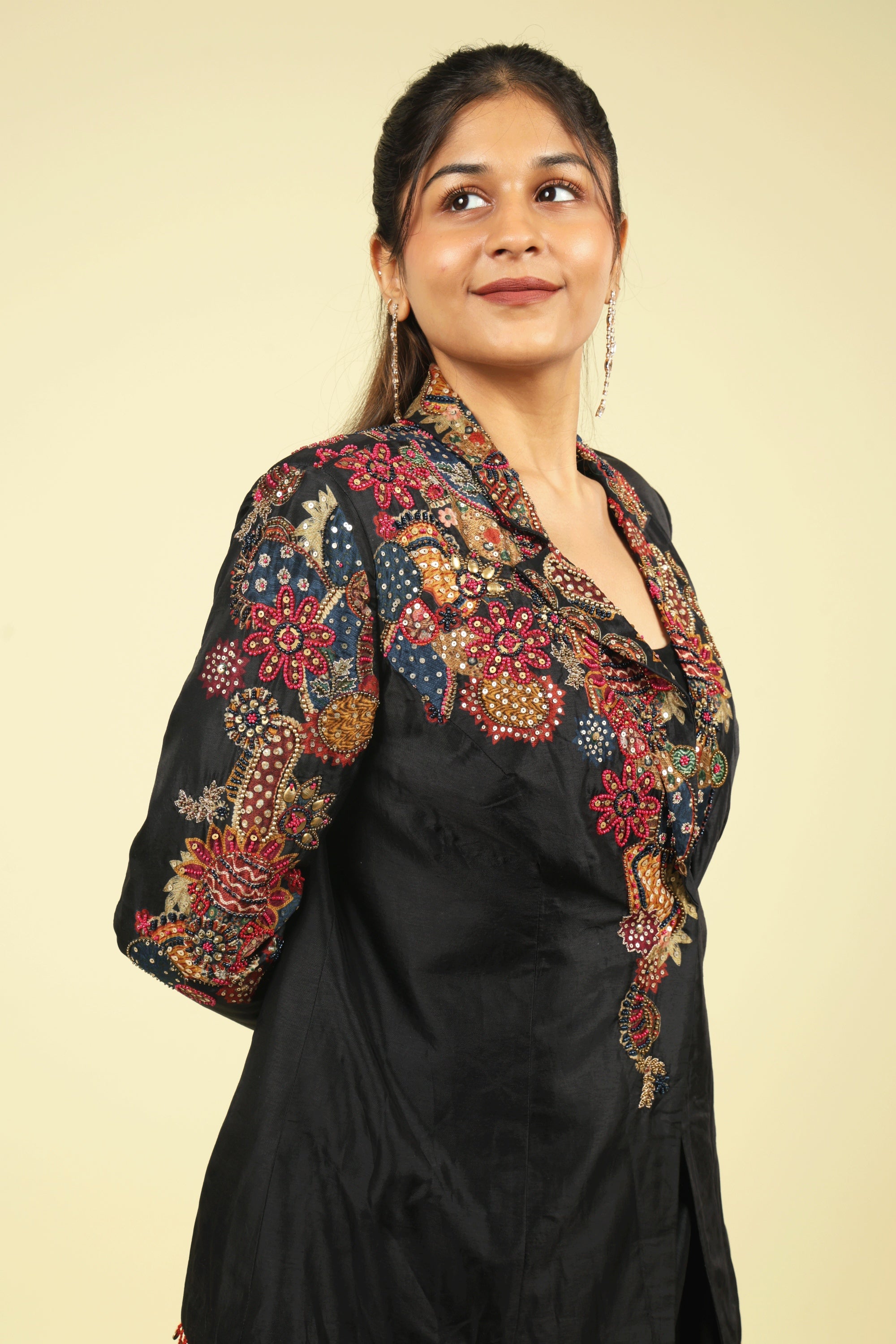 Black Silk Blazer & Draped Skirt Set with Pearl & Sequin Embroidery - Mokshaa