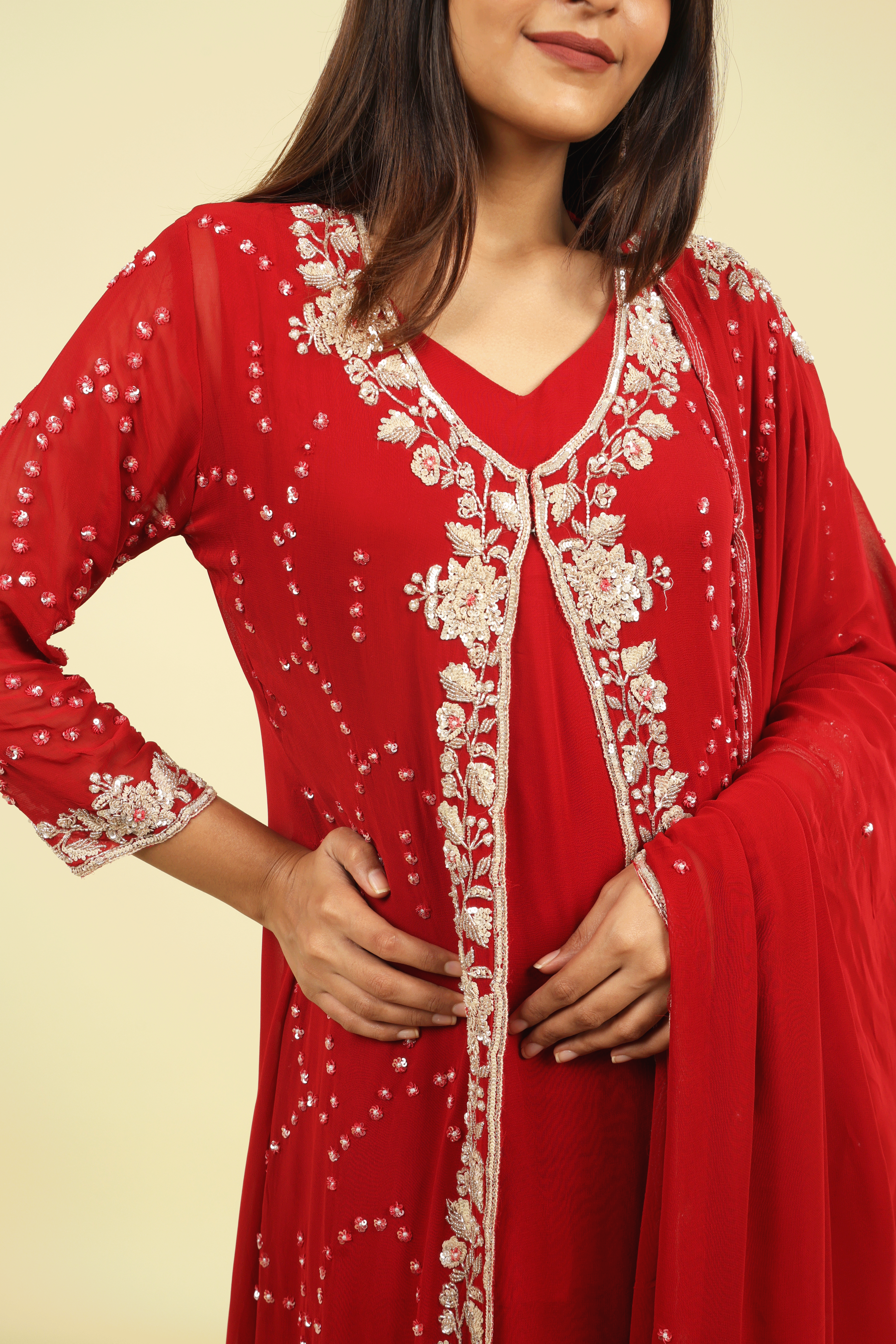 Red Georgette Anarkali Cape Set with Sequin, Cutdana & Pearl Embroidery