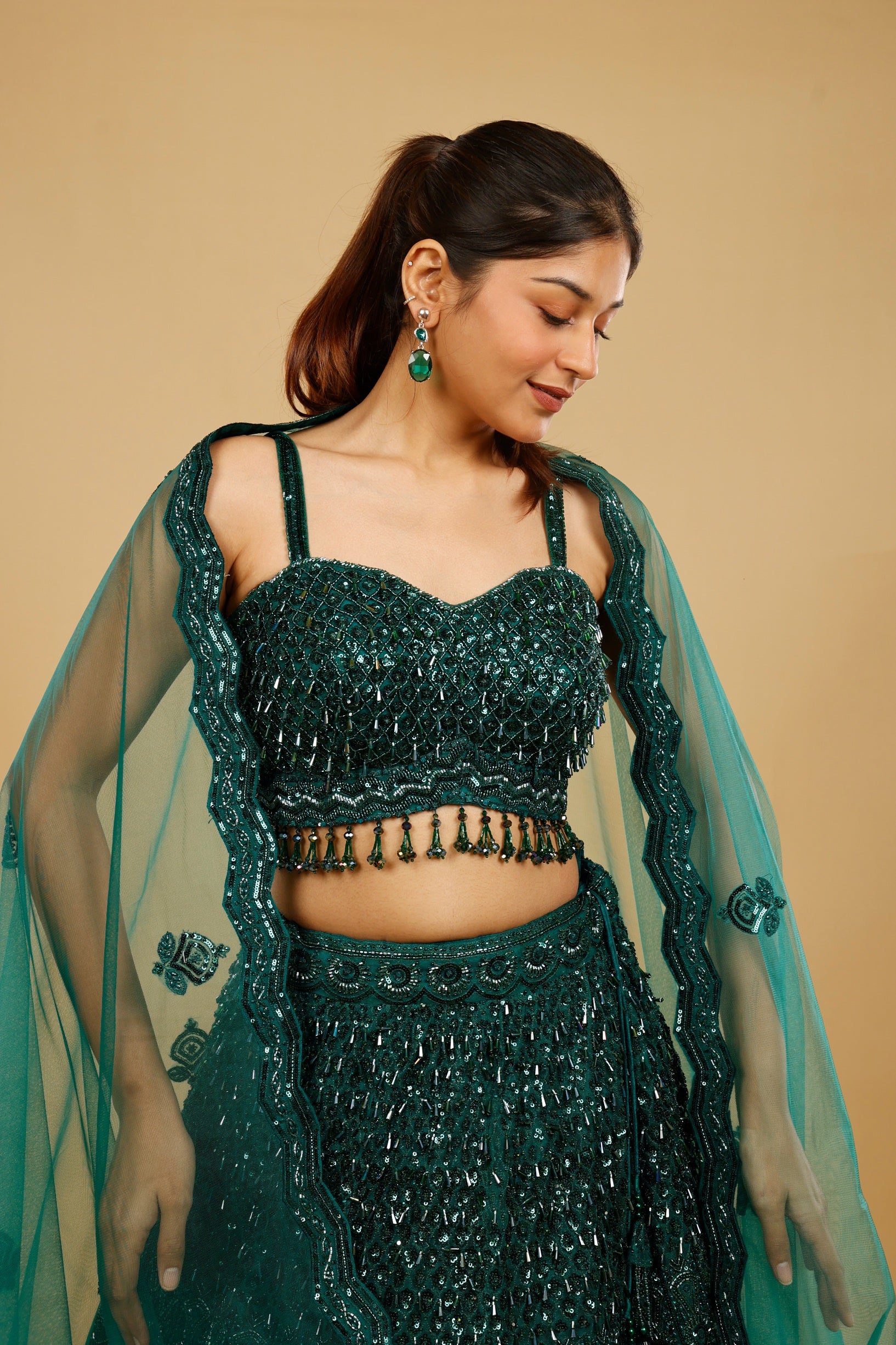Bottle Green Net Lehenga Set with Sequin, Cutdana & Pearl Embroidery