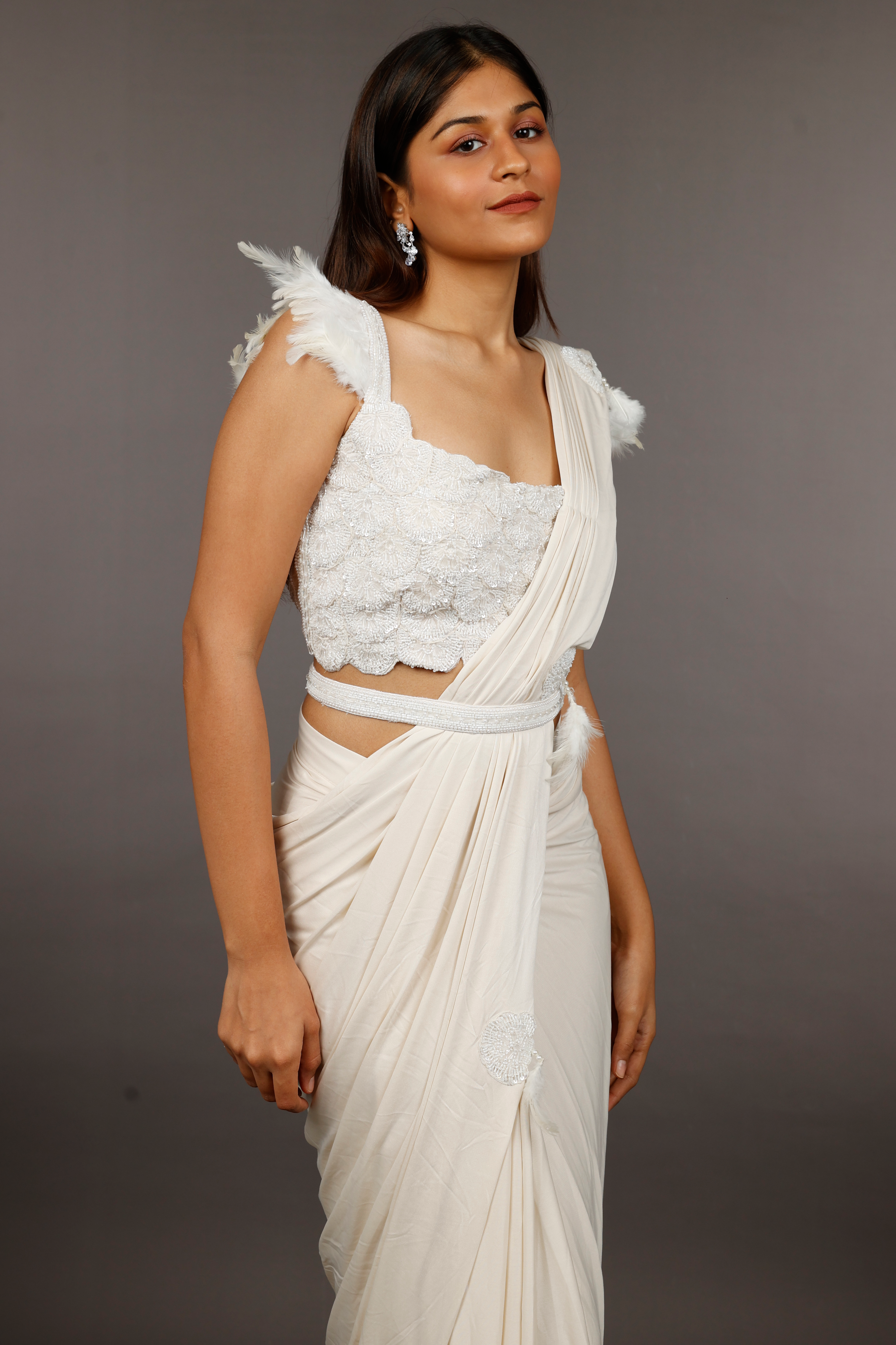 Ivory Lycra Silk Drape Saree with Feather and Pearl Embroidery