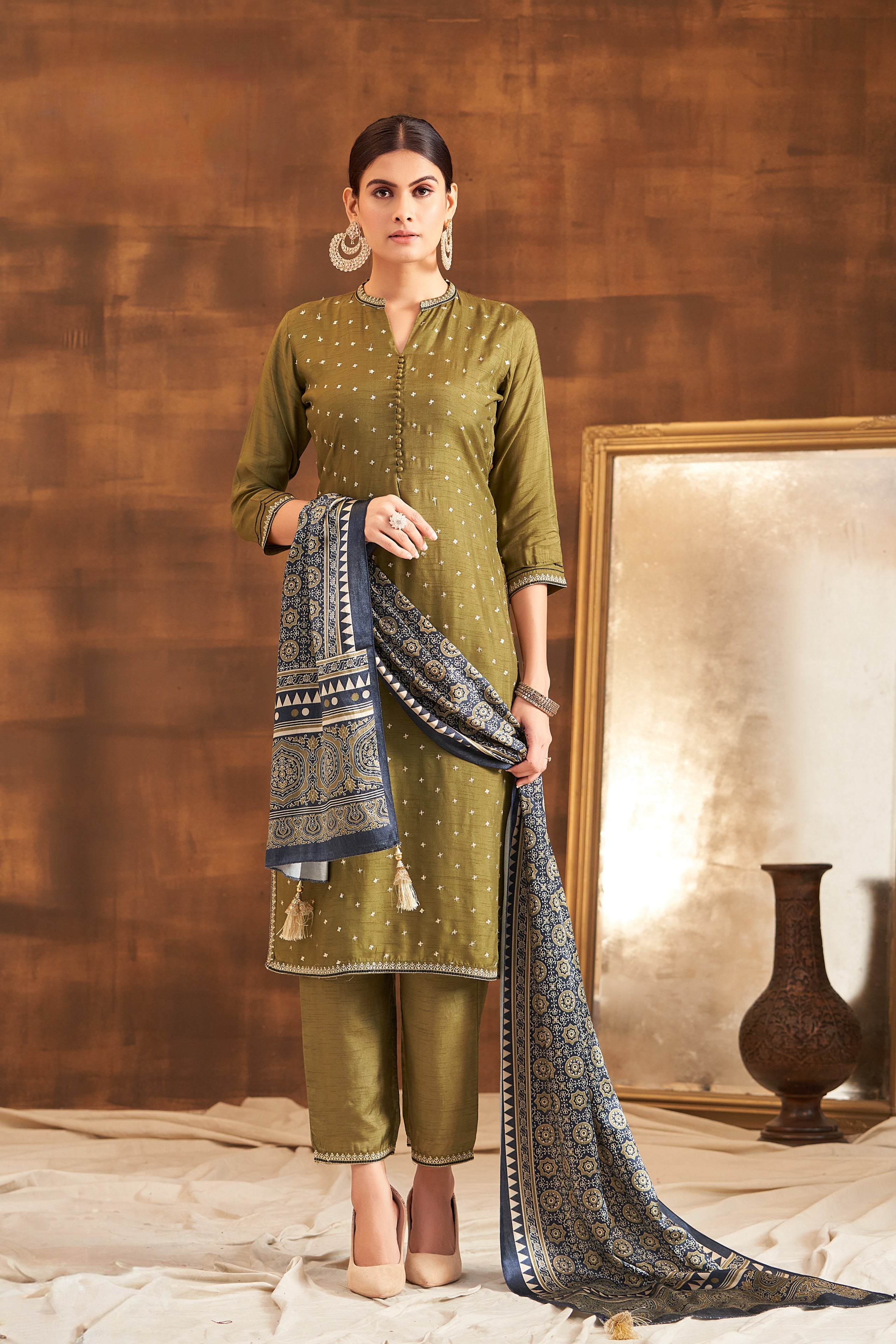 Olive Raw Silk Kurta Set with Ajrakh Printed Dupatta