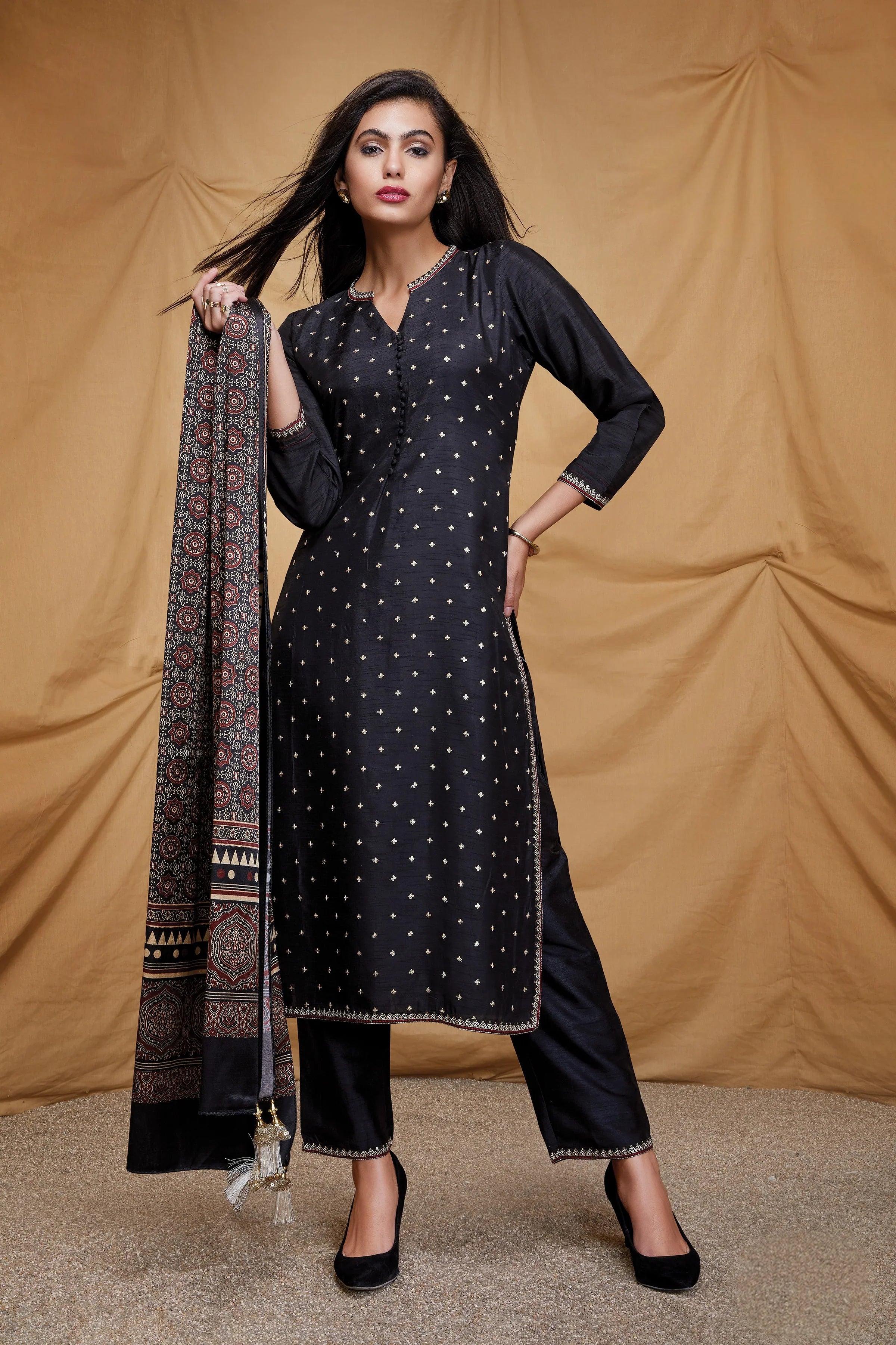 Black Raw Silk Kurta Set with Ajrakh Printed Dupatta | Mokshaa
