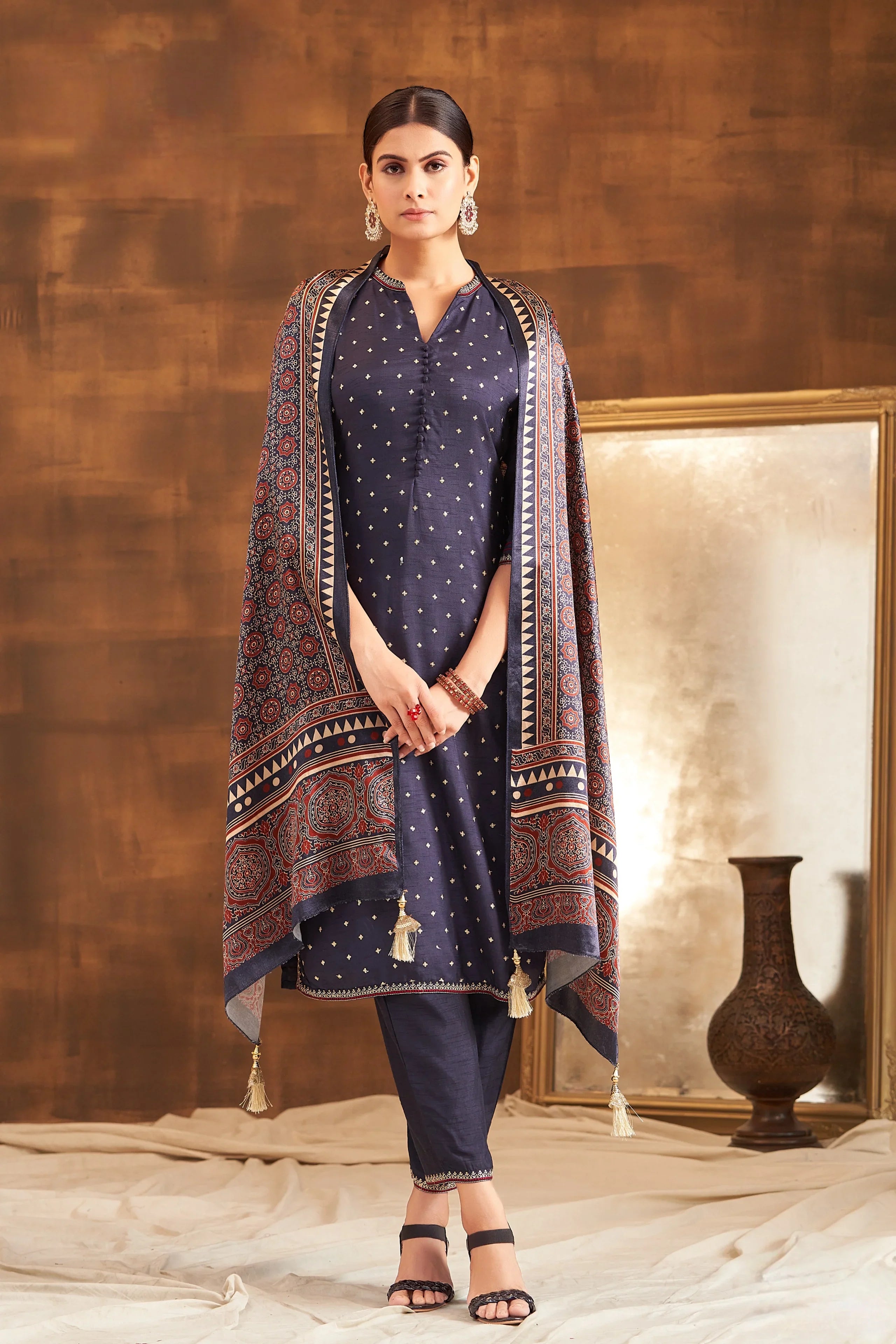 Navy Blue Raw Silk Kurta Set with Ajrakh Printed Dupatta | Mokshaa