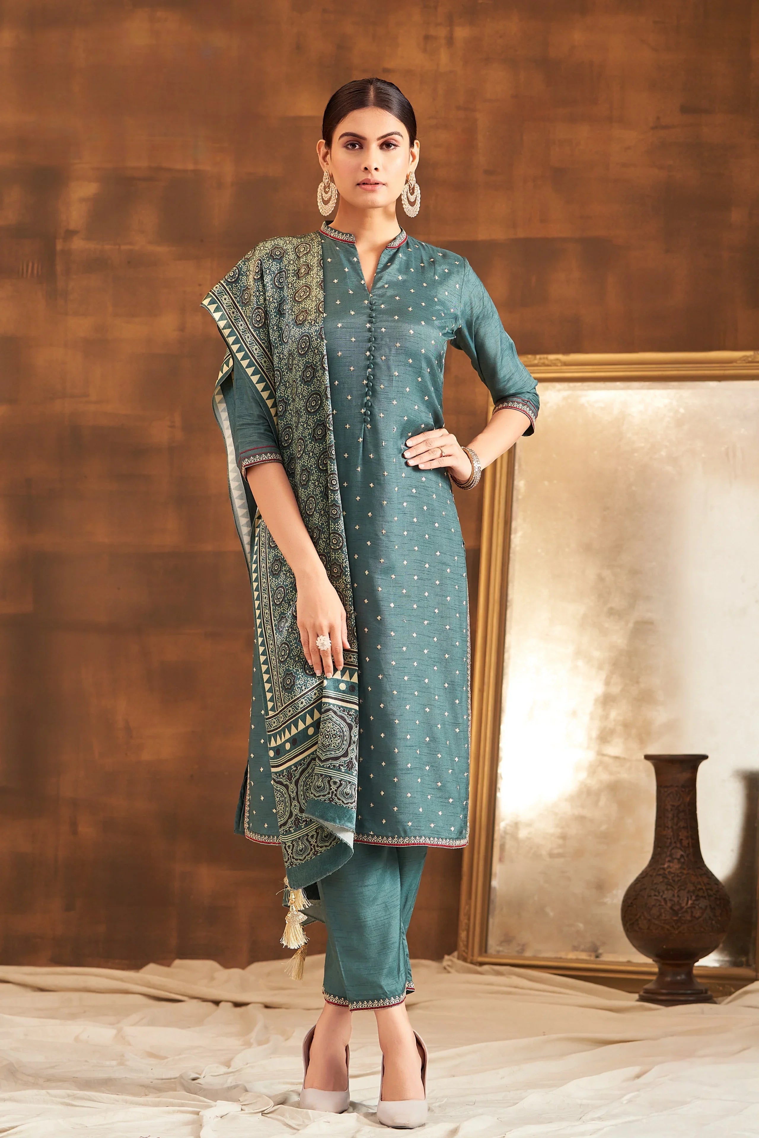 Rama Raw Silk Kurta Set with Ajrakh Printed Dupatta | Mokshaa