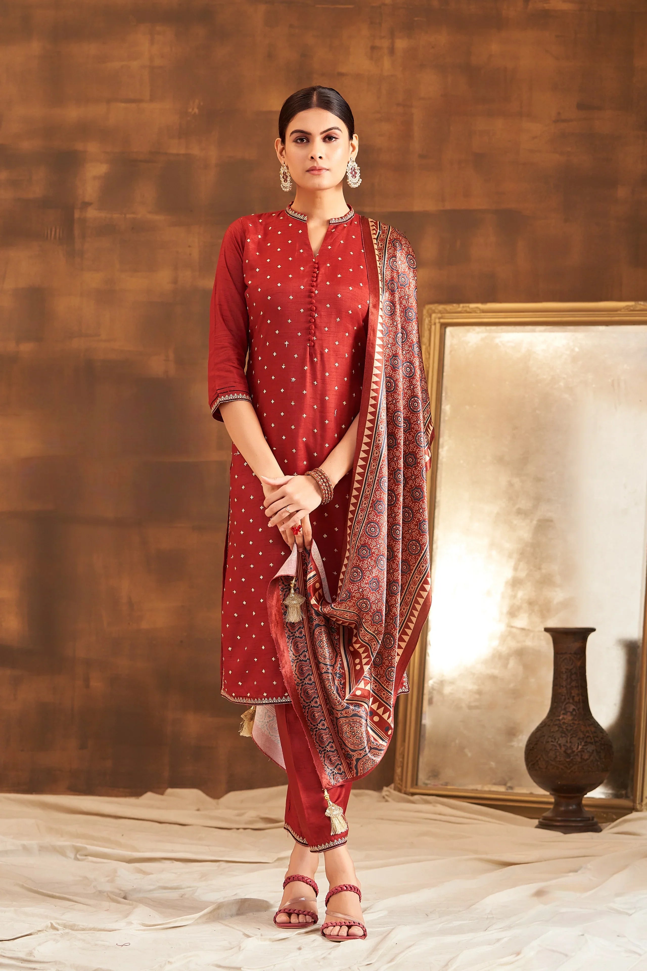 Red Raw Silk Kurta Set with Ajrakh Printed Dupatta | Mokshaa