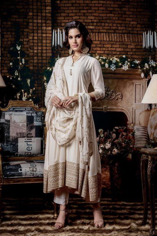 Ivory Embroidered Kurta Set With Churidar And Dupatta