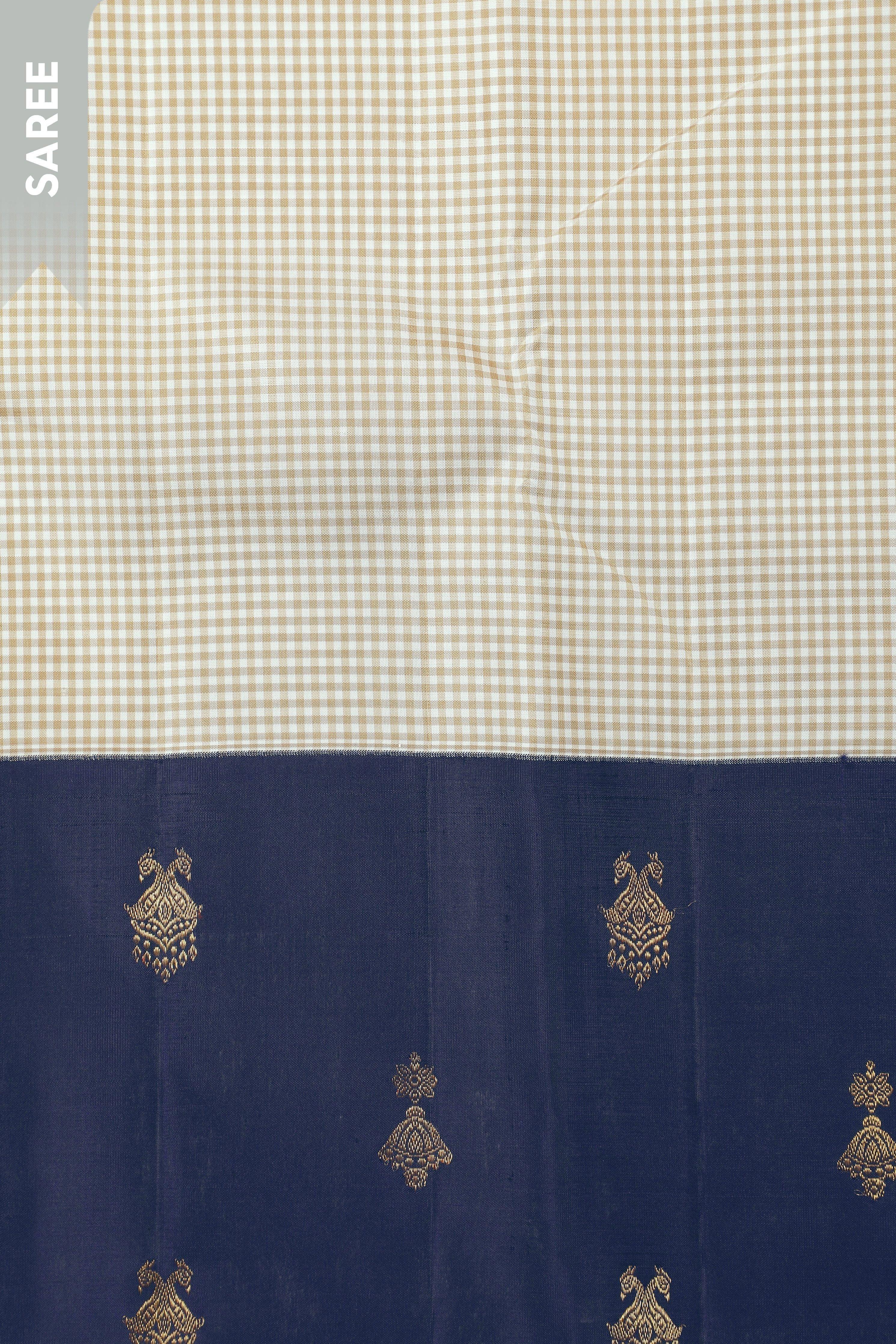 Beige Kanchipuram Silk Saree with Gingham Checks and Blue Zari Border  Mokshaa