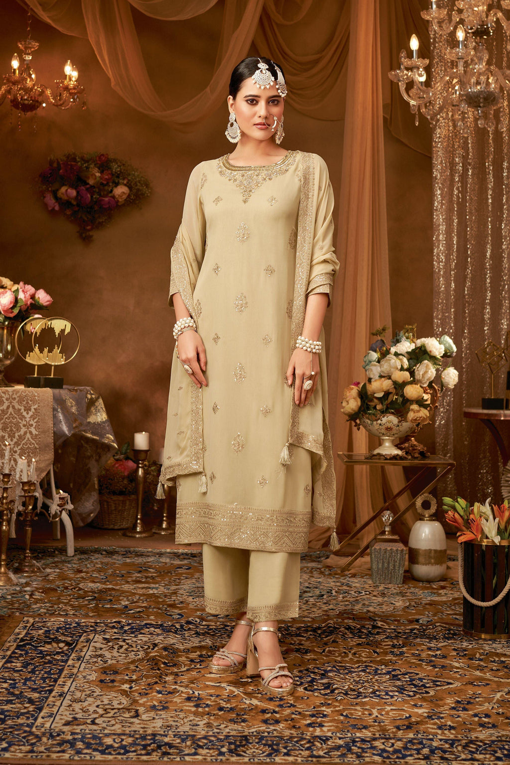 Exquisite Hand Embroidered Tissue Suit with Gold Stripes Dupatta