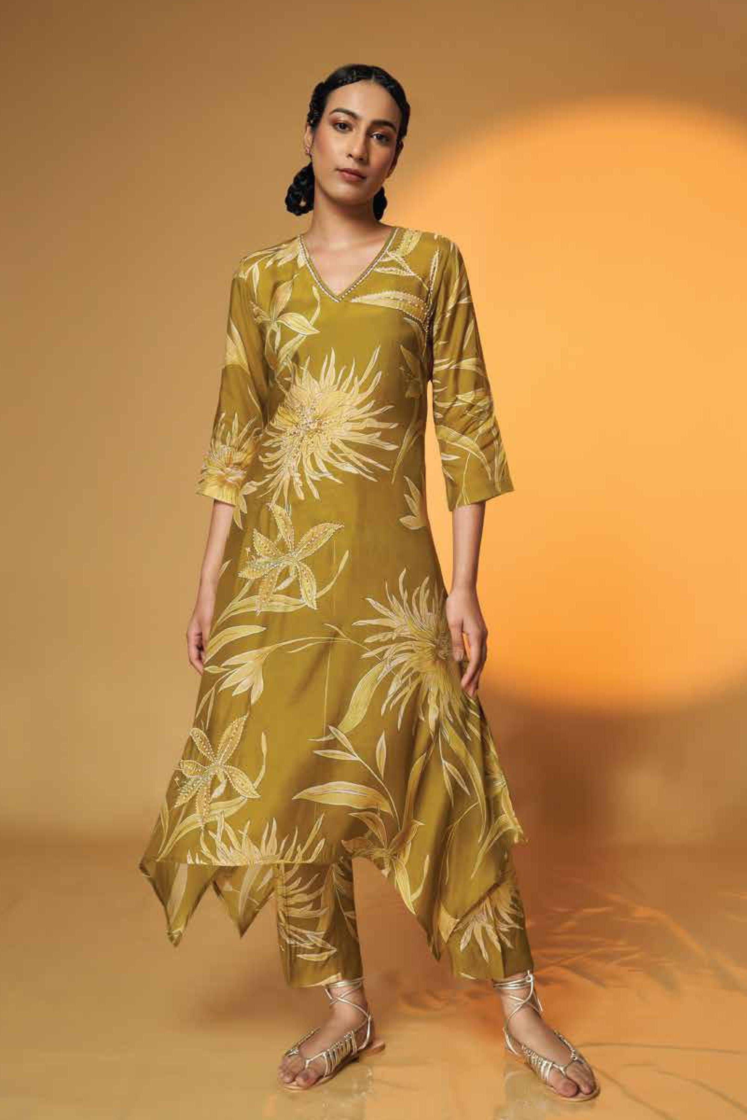 Olive Bloom Asymmetrical Kurta Set Mokshaa