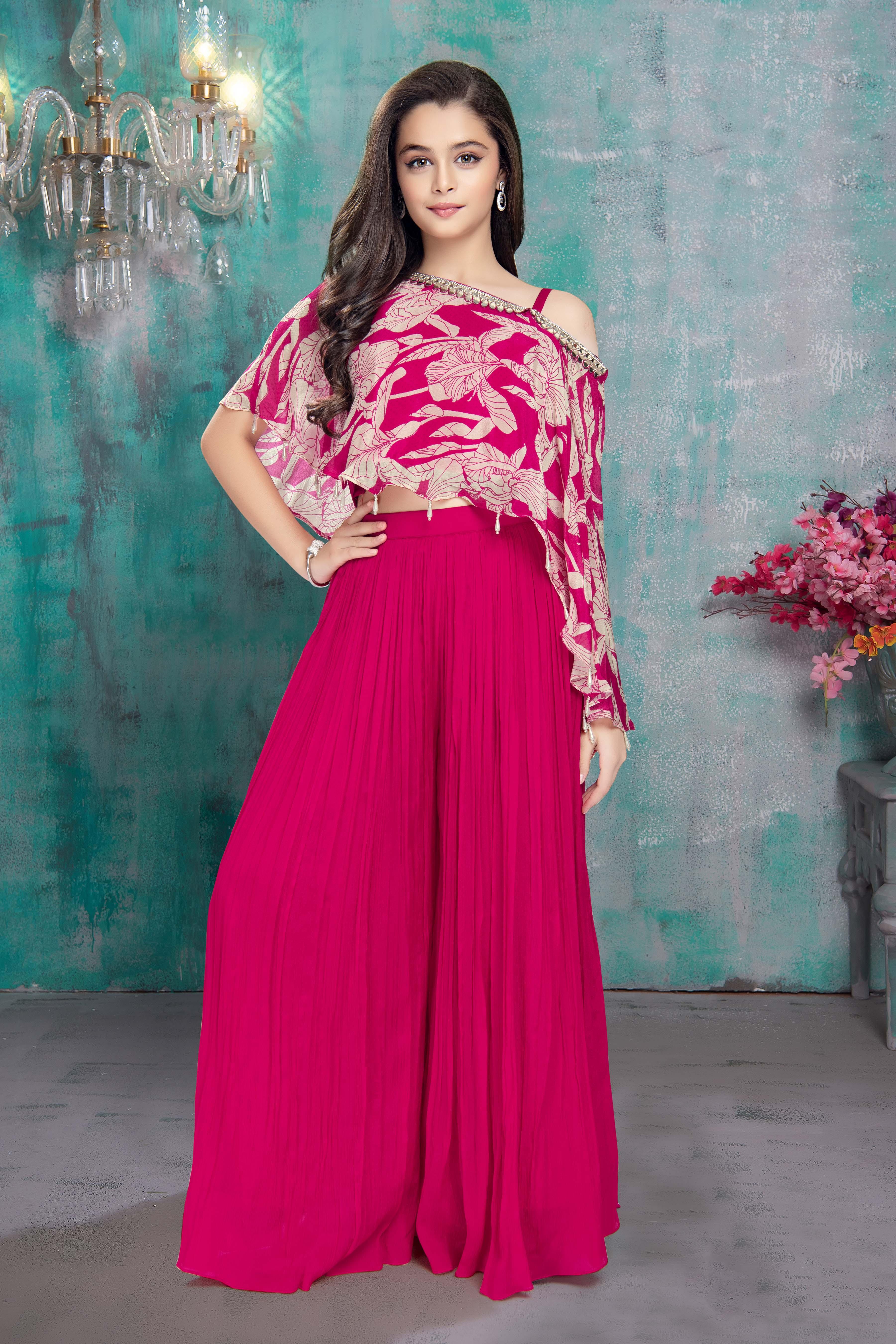 Rani Pink Printed Cape Top with Pleated Palazzo Set | Mokshaa