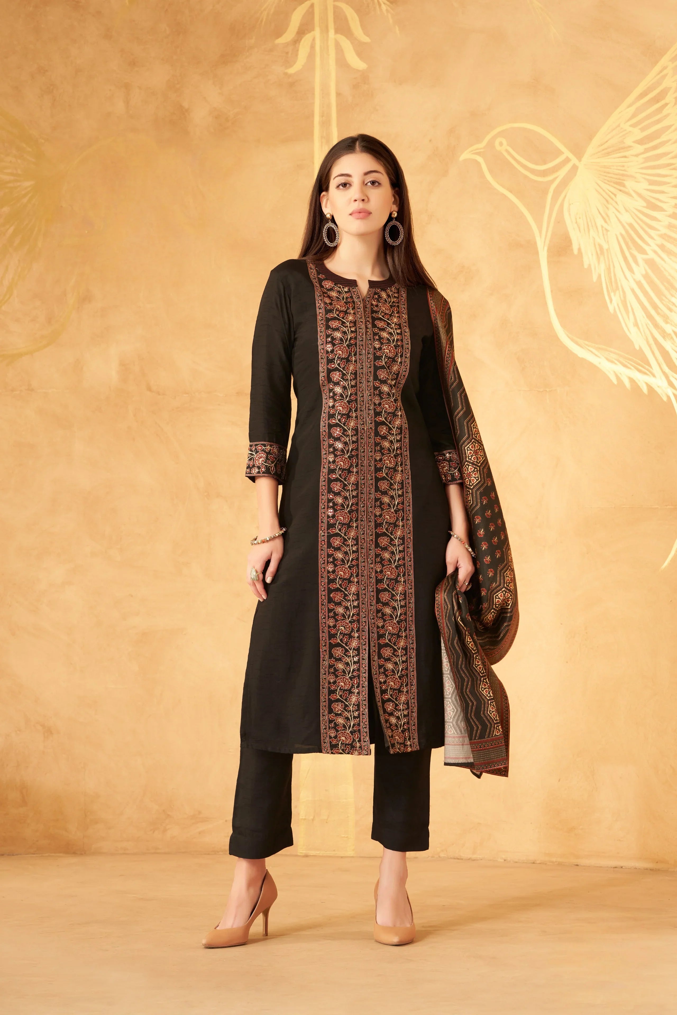 Black Embroidered Silk Kurta Set with Printed Dupatta | Mokshaa