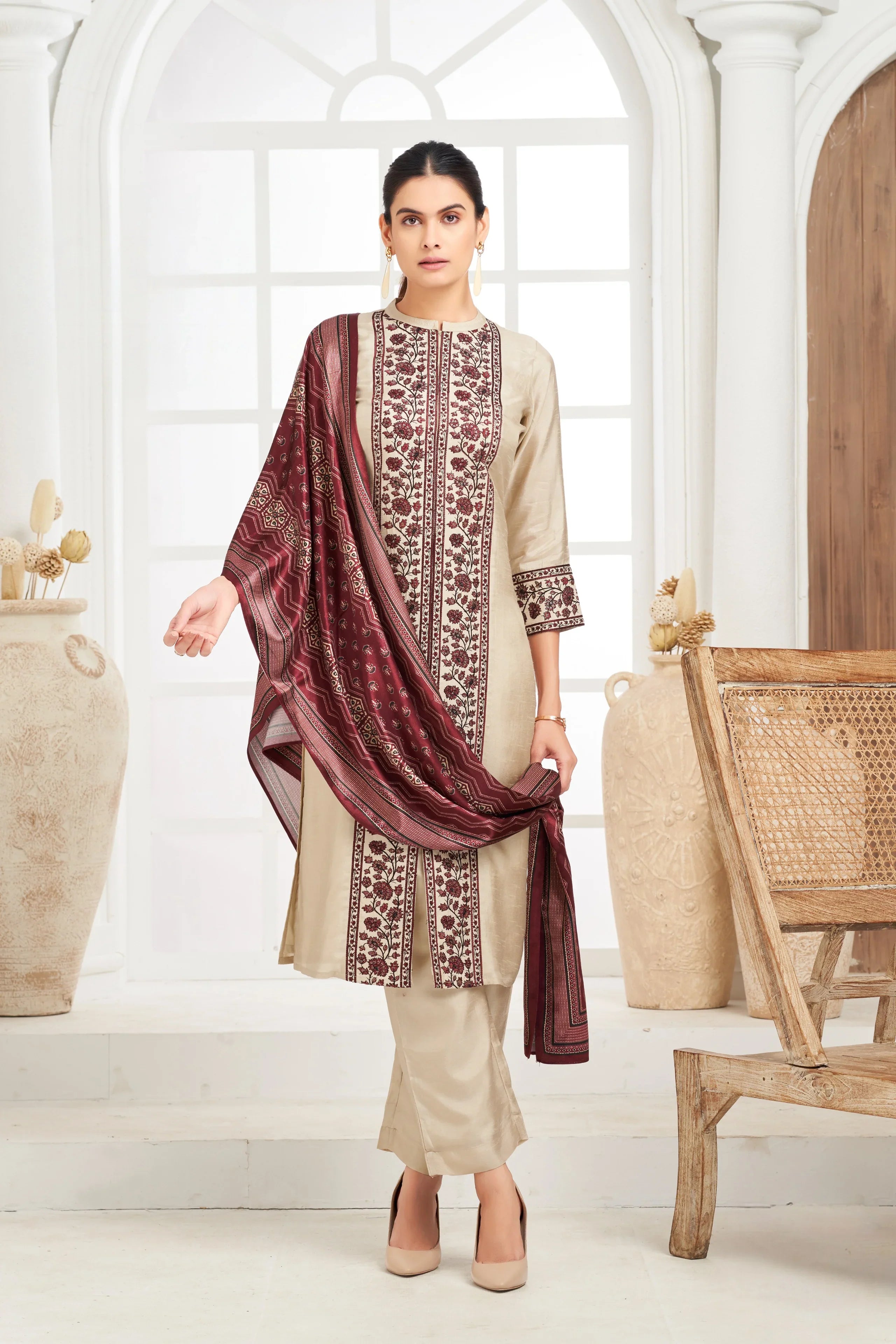 Ivory Embroidered Silk Kurta Set with Printed Dupatta | Mokshaa