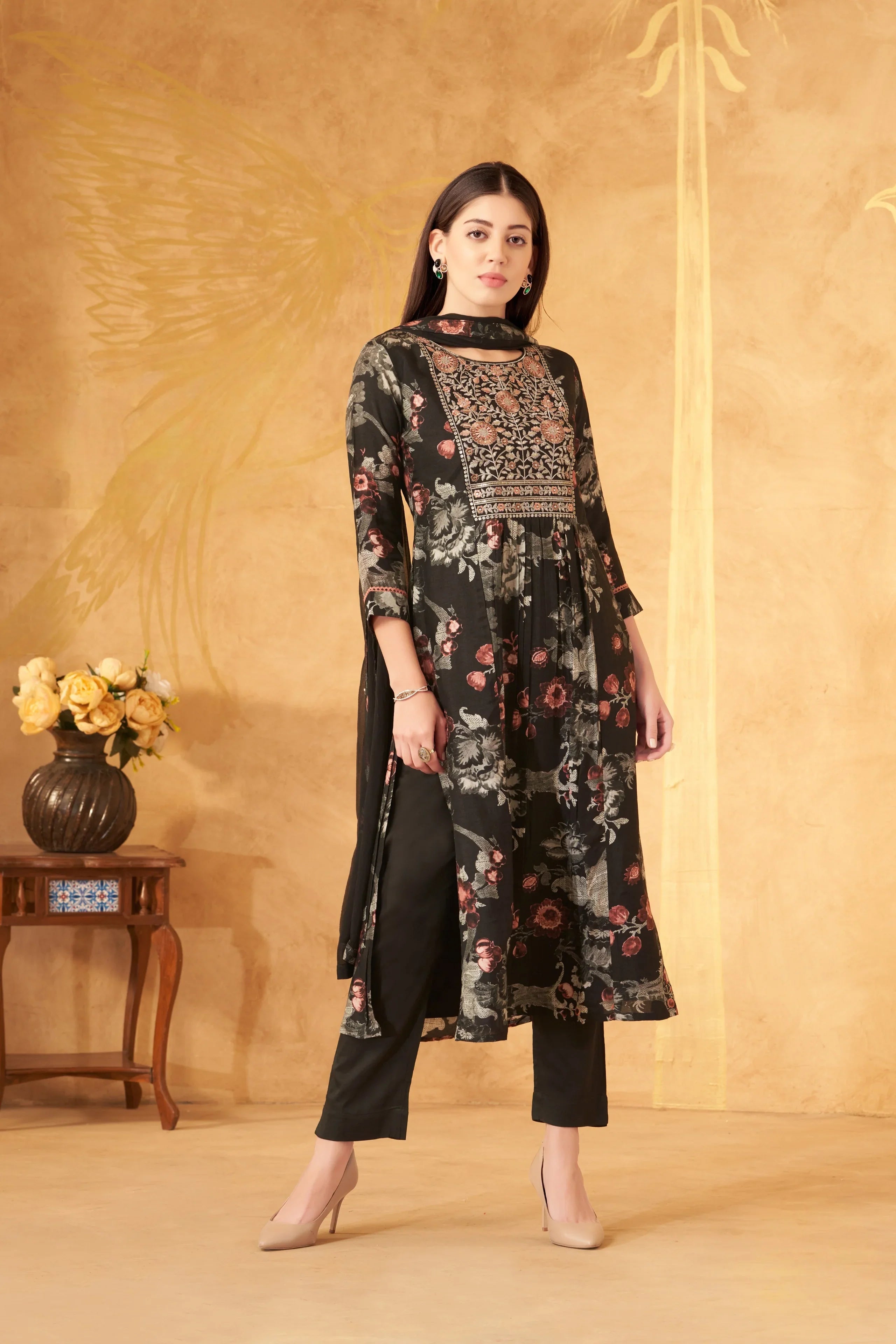 Black Floral Printed Kurta Set with Embroidered Yoke | Mokshaa