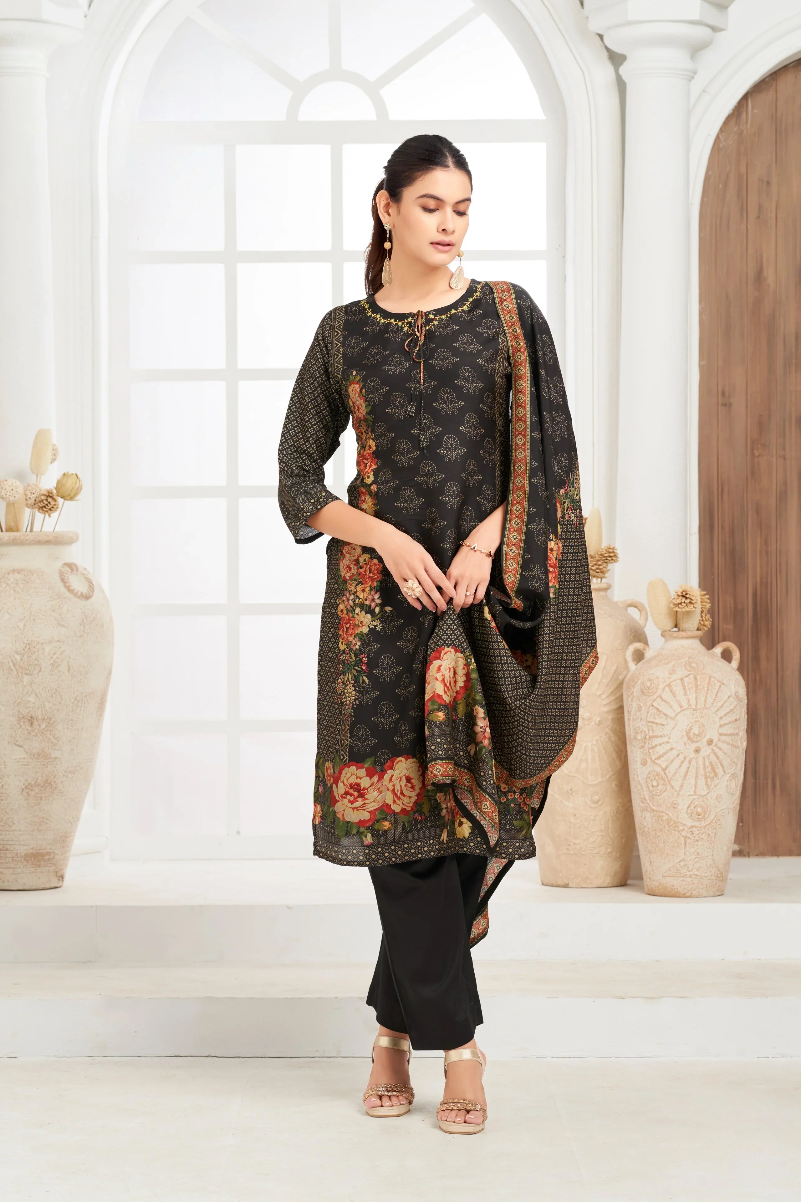 Black Floral Printed Kurta Set with Coordinated Dupatta | Mokshaa