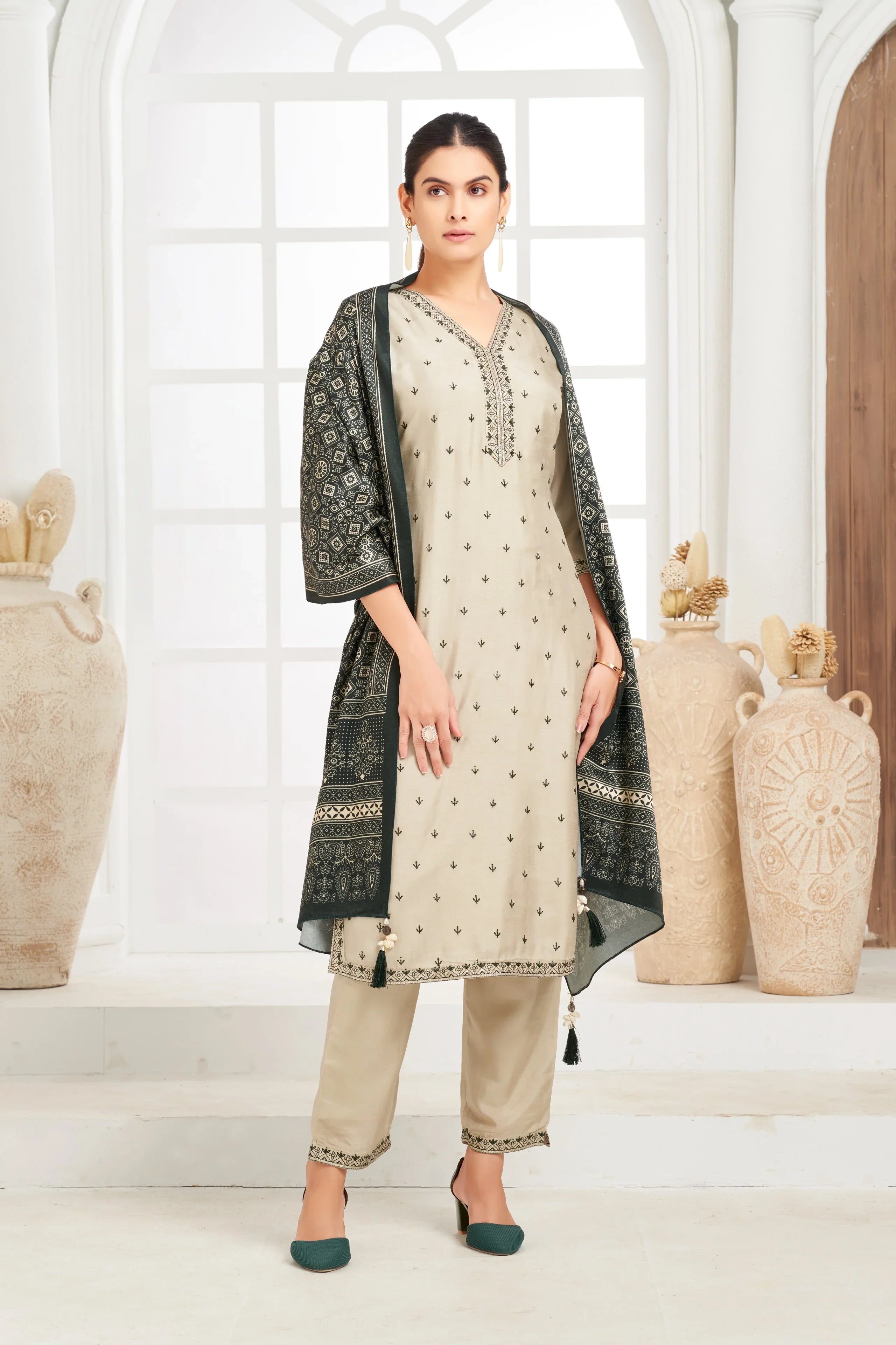 Beige Embroidered Silk Kurta Set with Printed Dupatta | Mokshaa