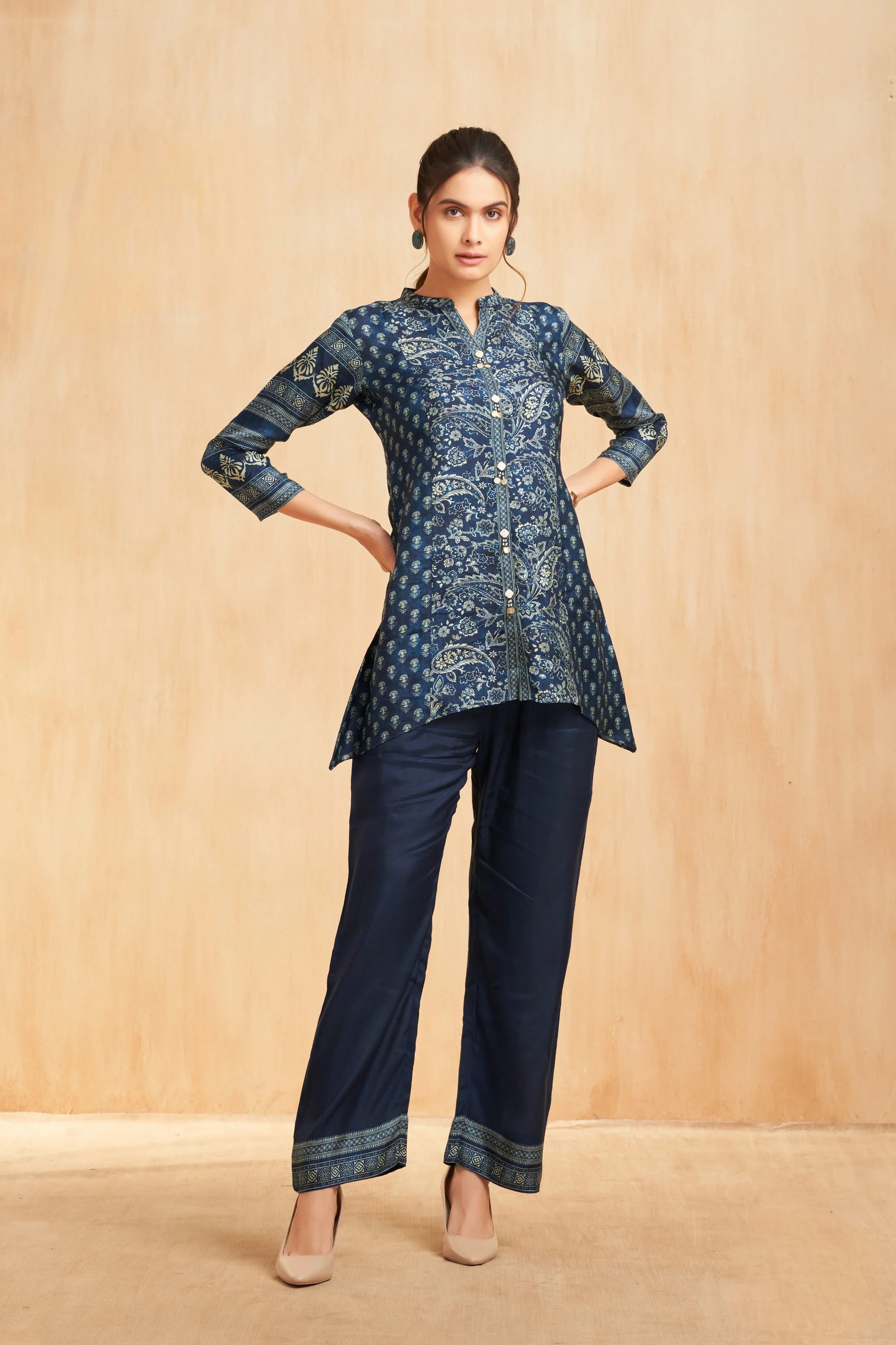 Navy Printed Silk Kurta Co-Ord Set with Traditional Floral Motifs | Mokshaa