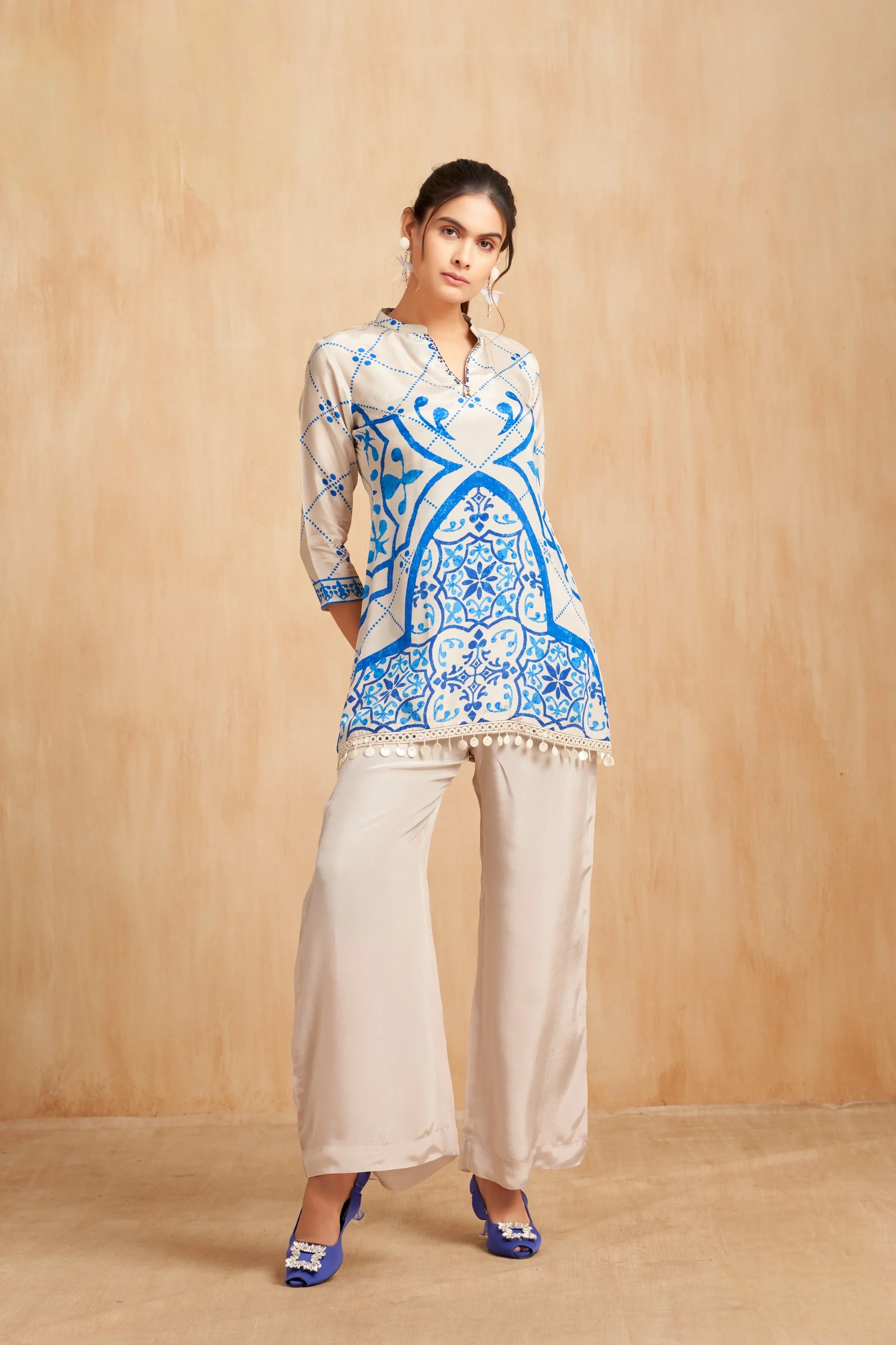 Ivory & Cobalt Printed Crepe Kurta Set with Pom-Pom Hem Detailing | Mokshaa