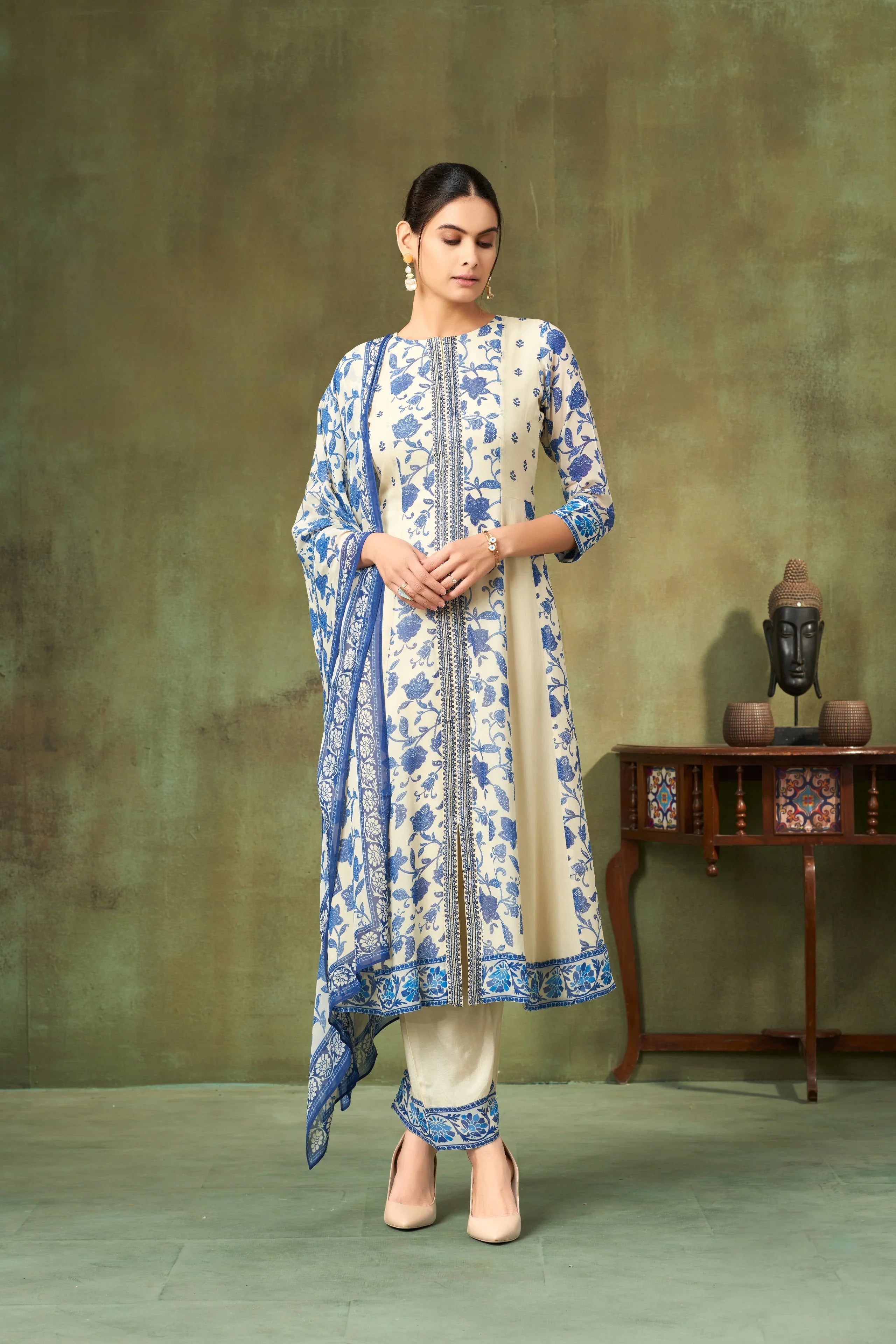 Ivory & Cobalt Blue Printed Silk A-Line Salwar Suit with Floral Vine Motifs | Mokshaa