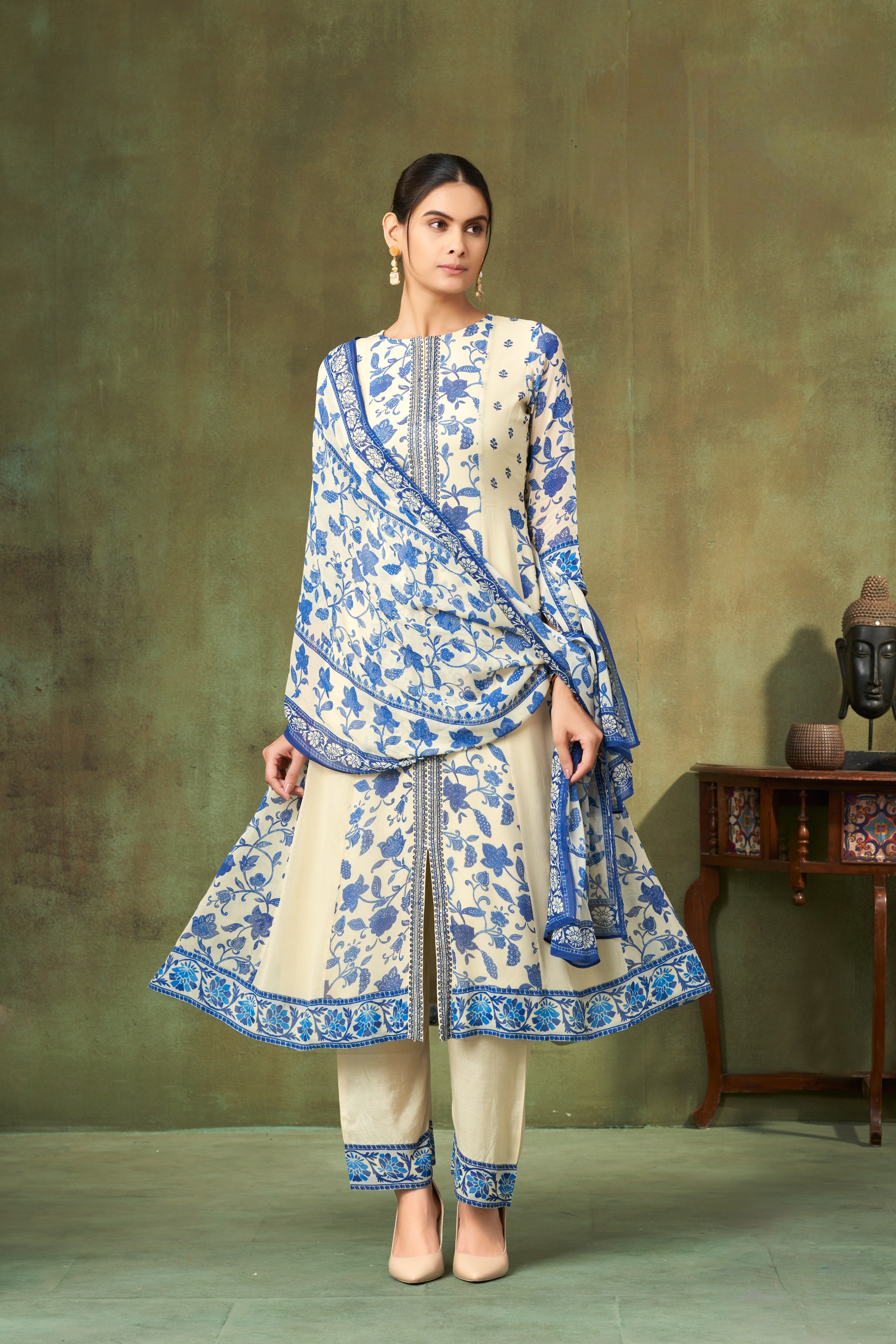 Ivory & Cobalt Blue Printed Silk A-Line Salwar Suit with Floral Vine Motifs