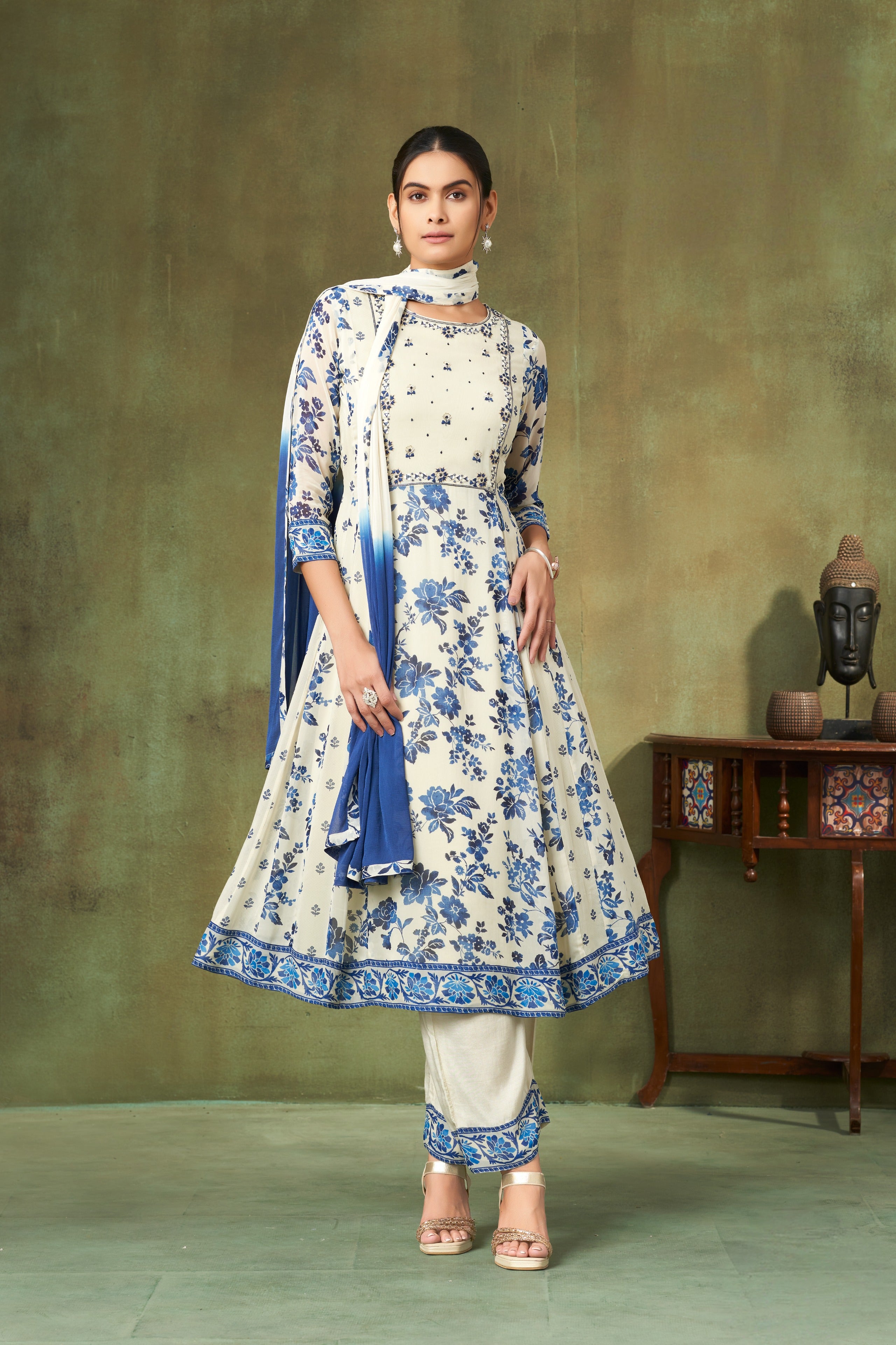 Ivory & Blue Floral Georgette A-Line Salwar Suit