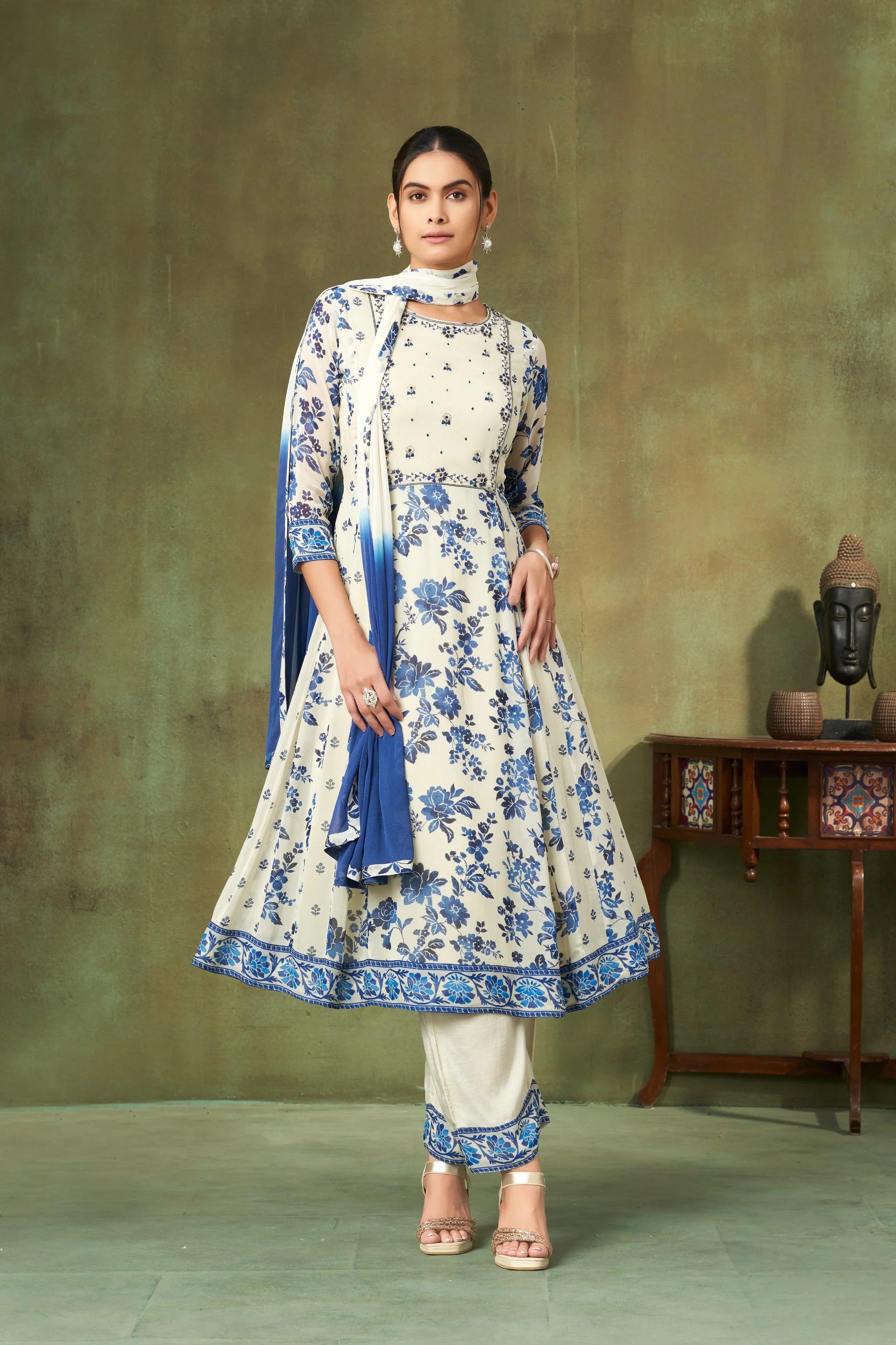 Ivory & Blue Floral Georgette A-Line Salwar Suit | Mokshaa