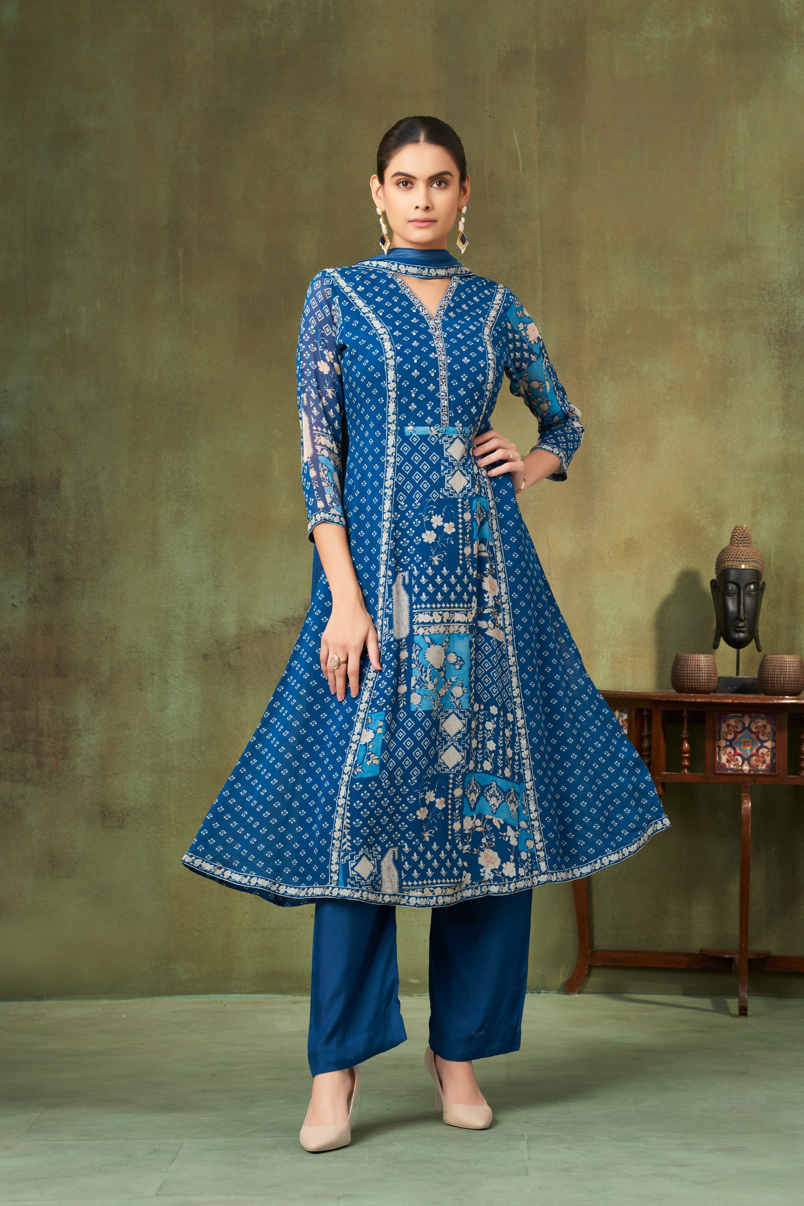 Azure Blue Printed A-Line Georgette Salwar Suit with Ethnic Panel Motifs