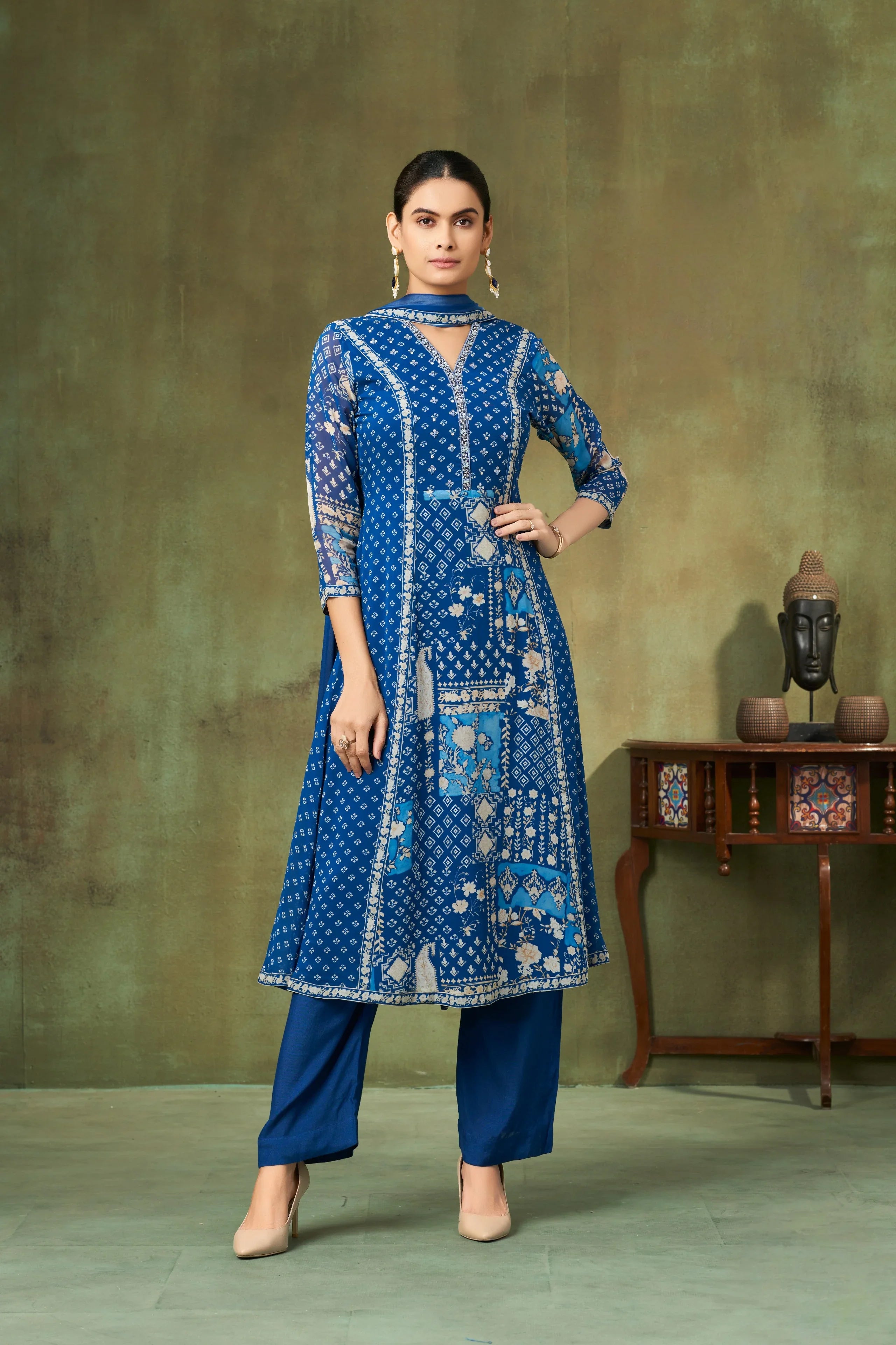 Azure Blue Printed A-Line Georgette Salwar Suit with Ethnic Panel Motifs | Mokshaa