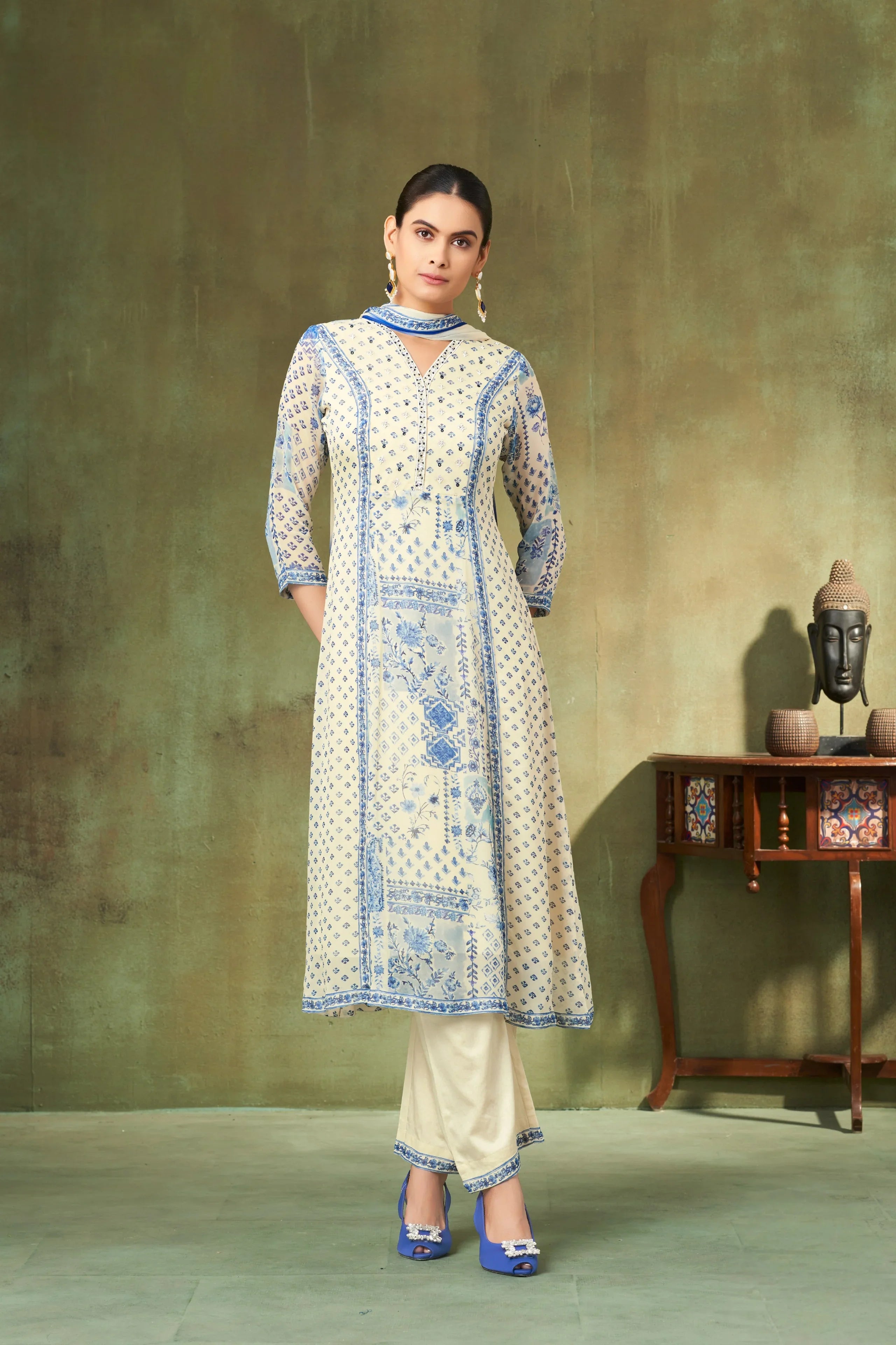 Ivory & Blue Printed Georgette A-Line Salwar Suit with Floral Motifs | Mokshaa