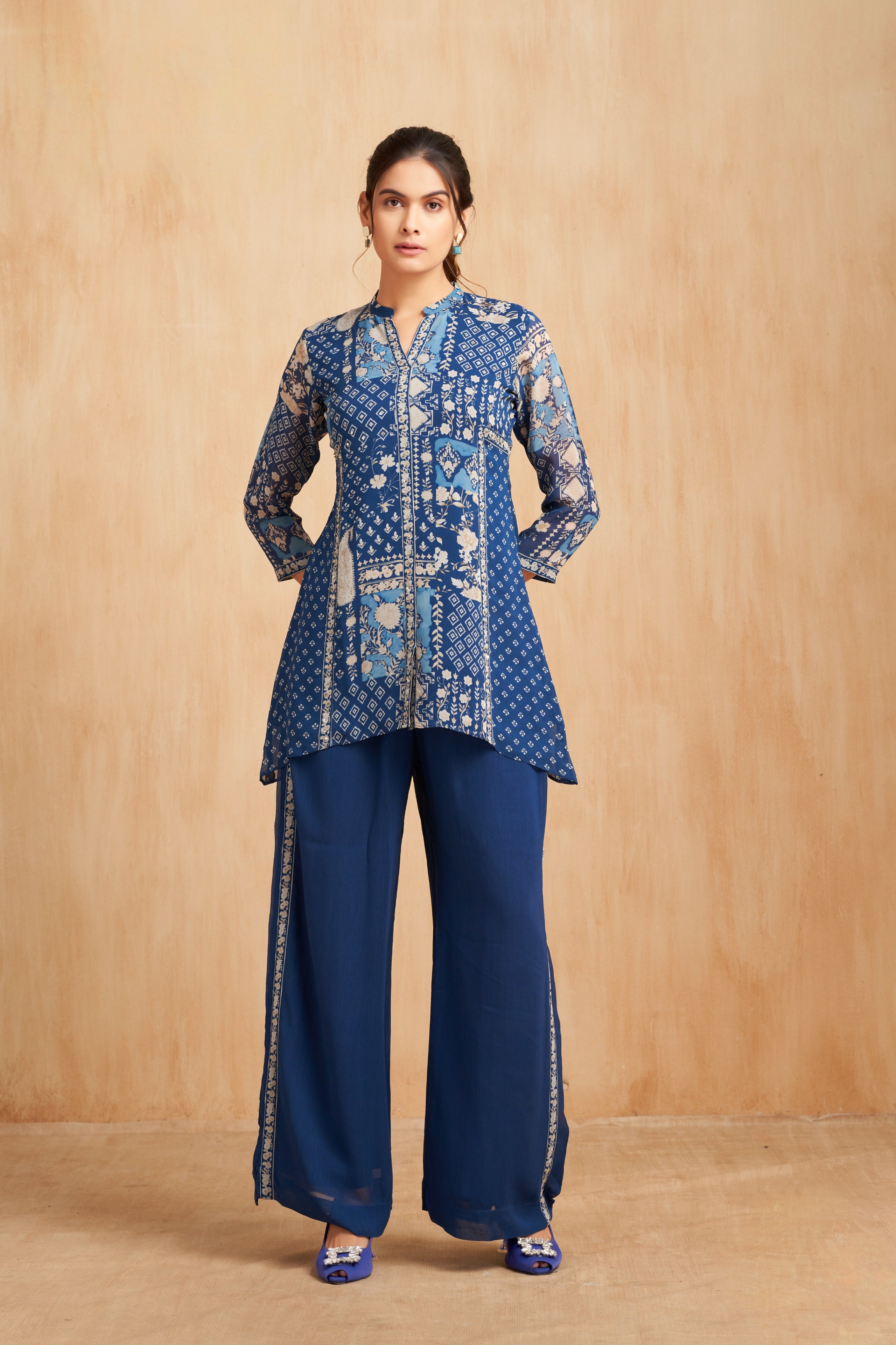 Royal Cobalt Printed Georgette Kurta Set with Patchwork Motifs