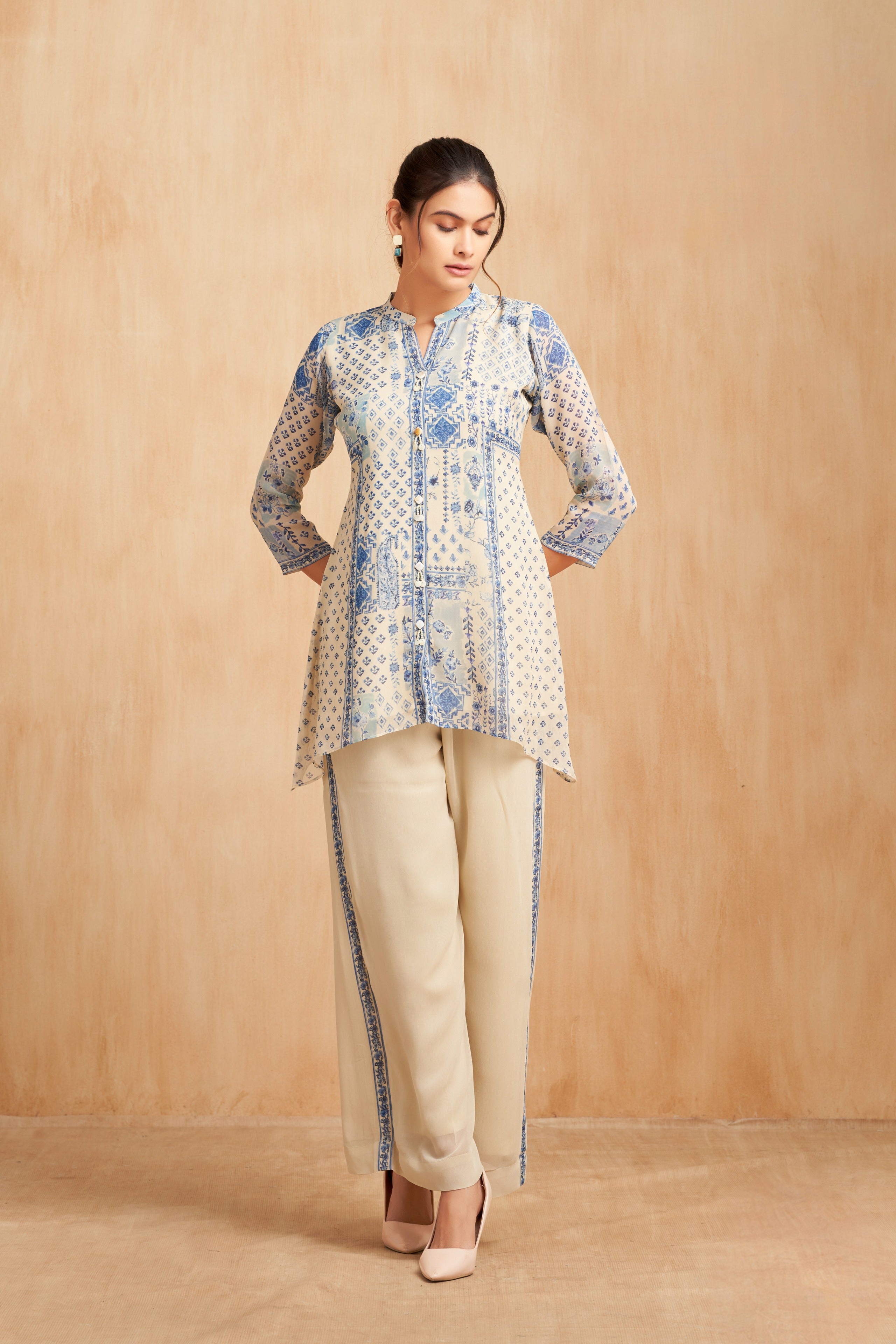 Powder Blue & Ivory Printed Georgette Kurta Set