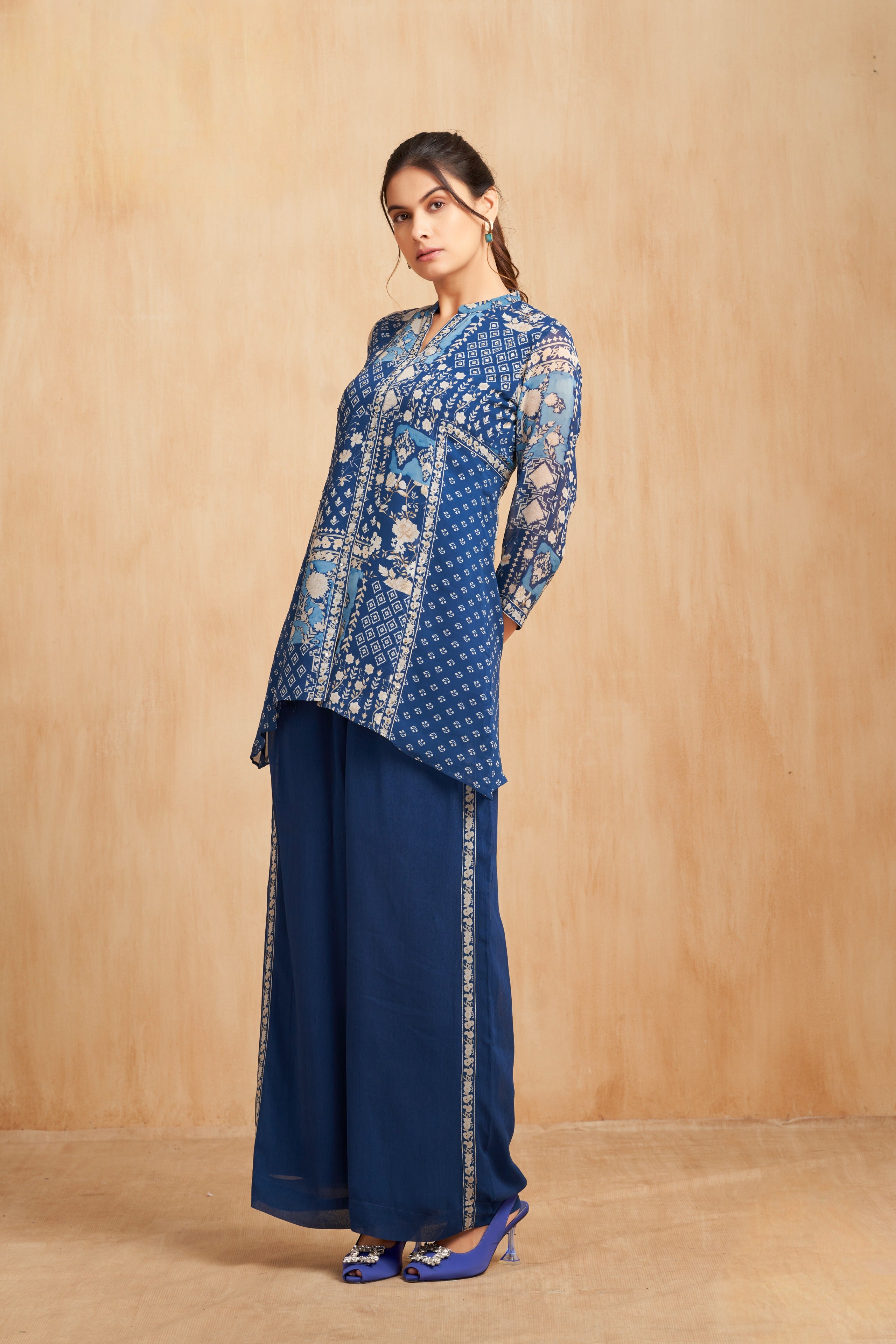 Royal Cobalt Printed Georgette Kurta Set with Patchwork Motifs
