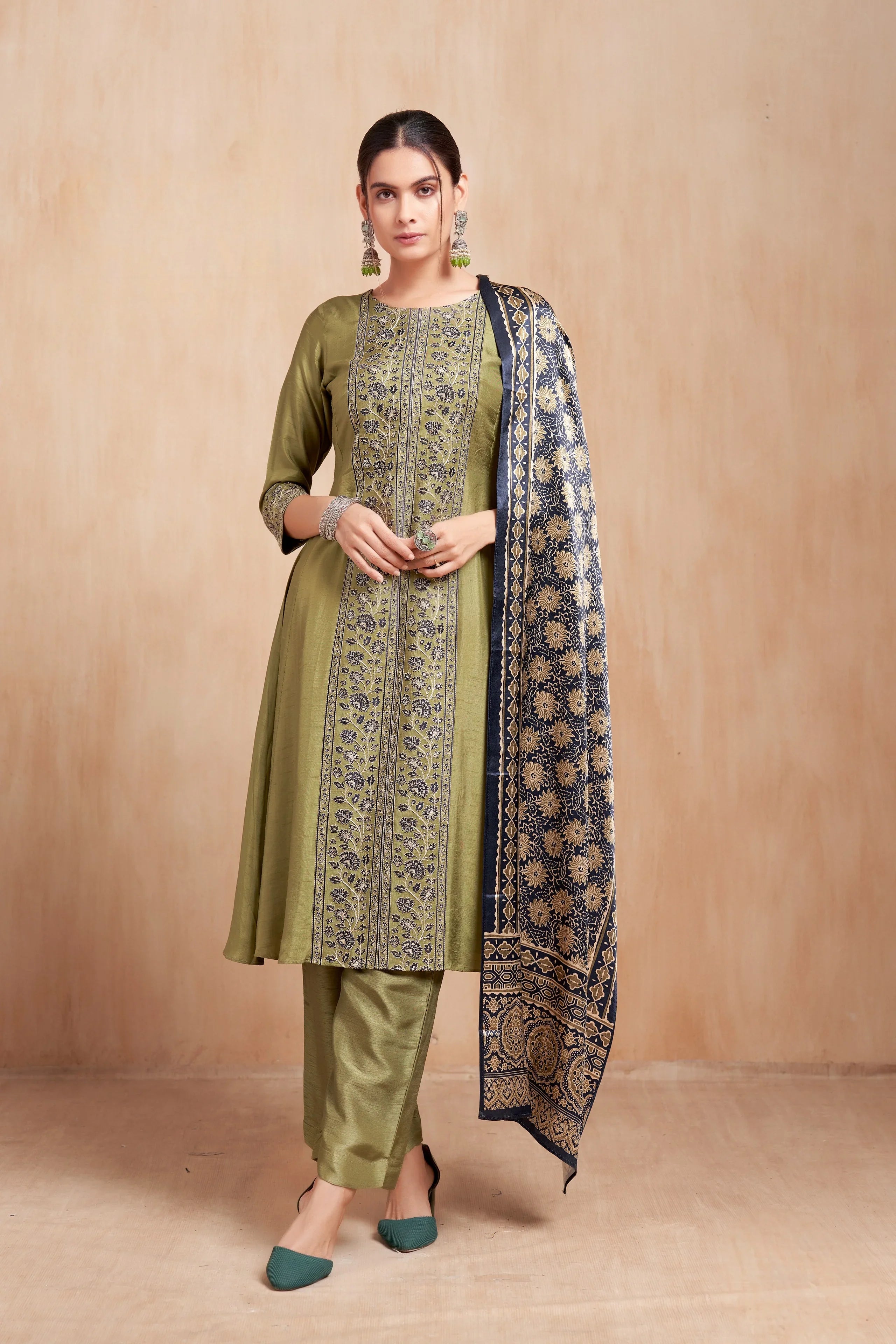 Olive Green Embroidered Silk Kurta Set with Printed Dupatta | Mokshaa