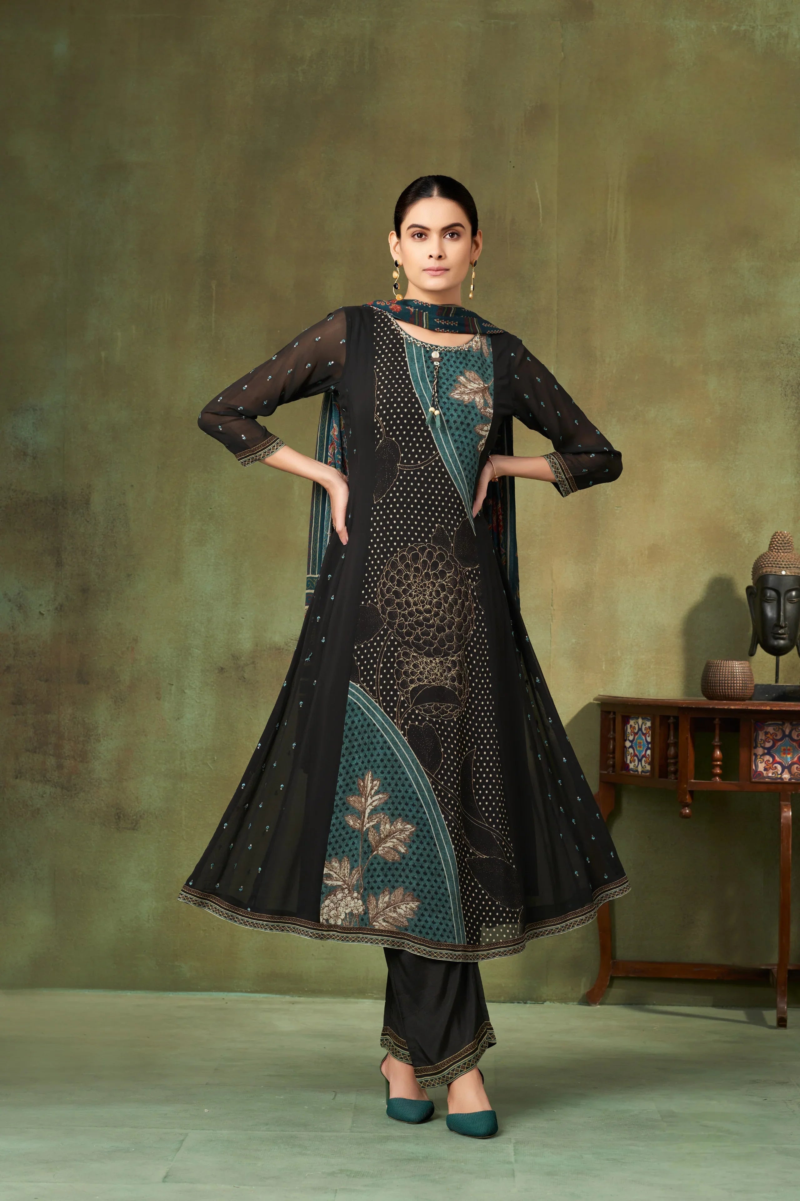Emerald Teal & Charcoal Printed Georgette A-Line Salwar Suit Set | Mokshaa