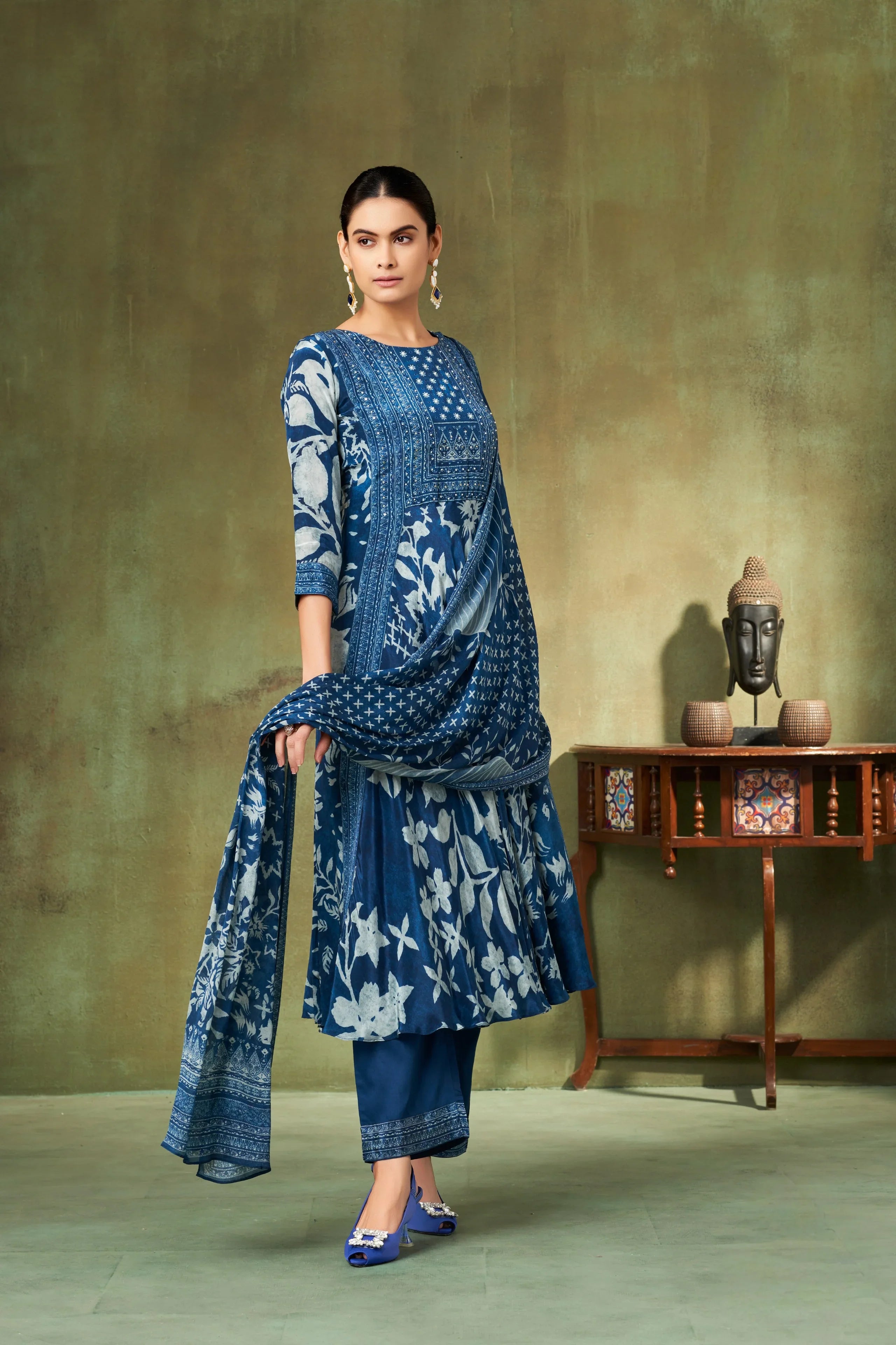 Indigo Floral Printed Georgette A-Line Salwar Suit Set | Mokshaa