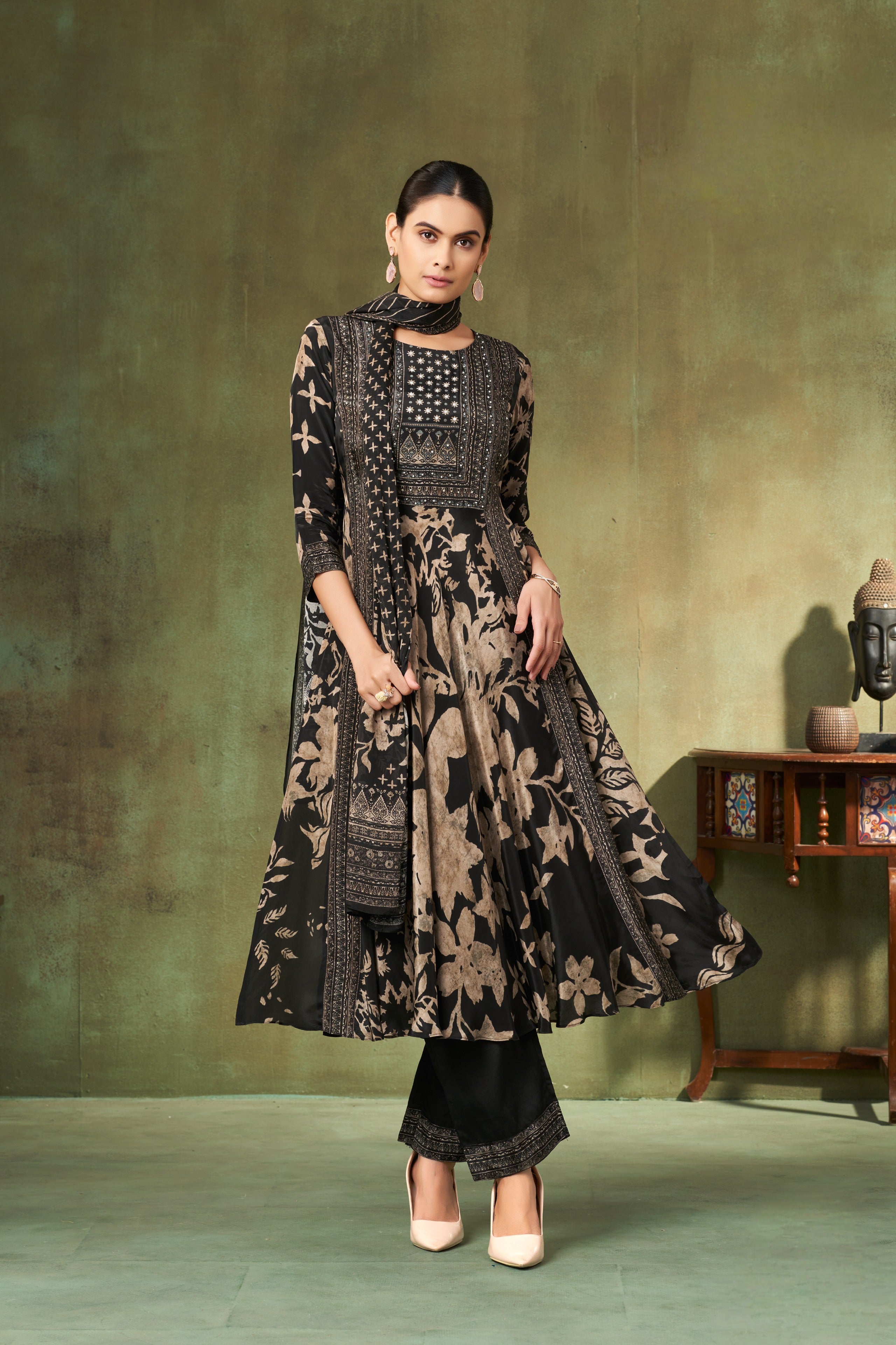 Black & Ivory Floral A-Line Salwar Suit Set