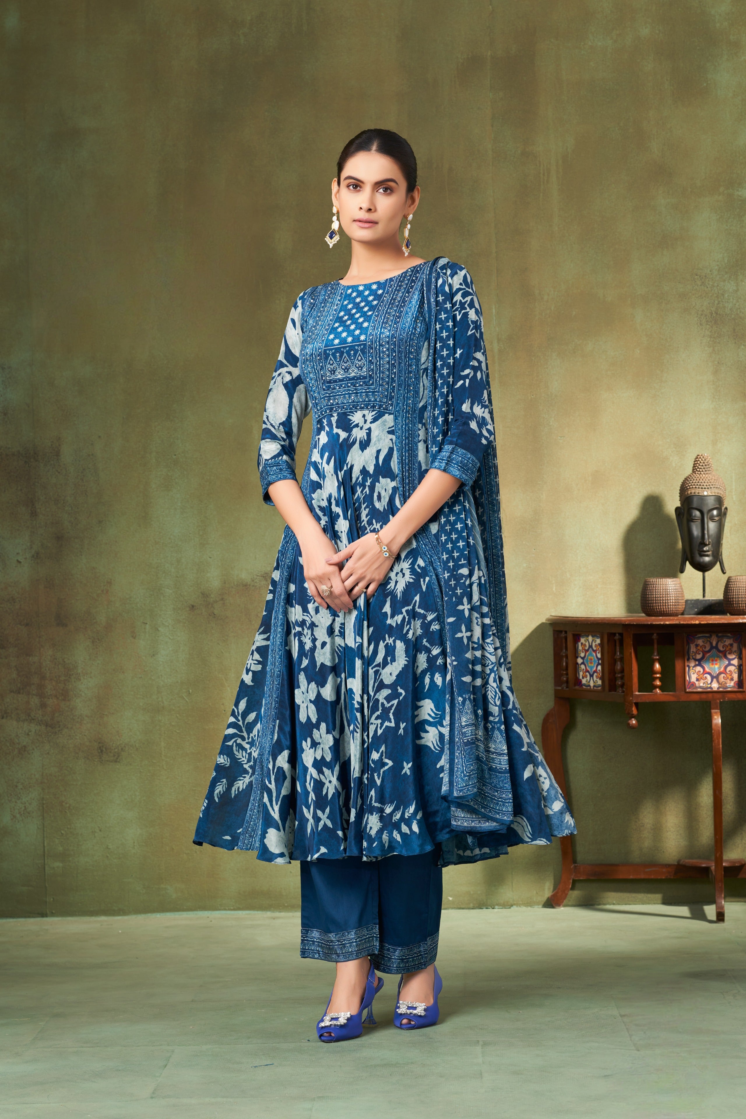 Indigo Floral Printed Georgette A-Line Salwar Suit Set