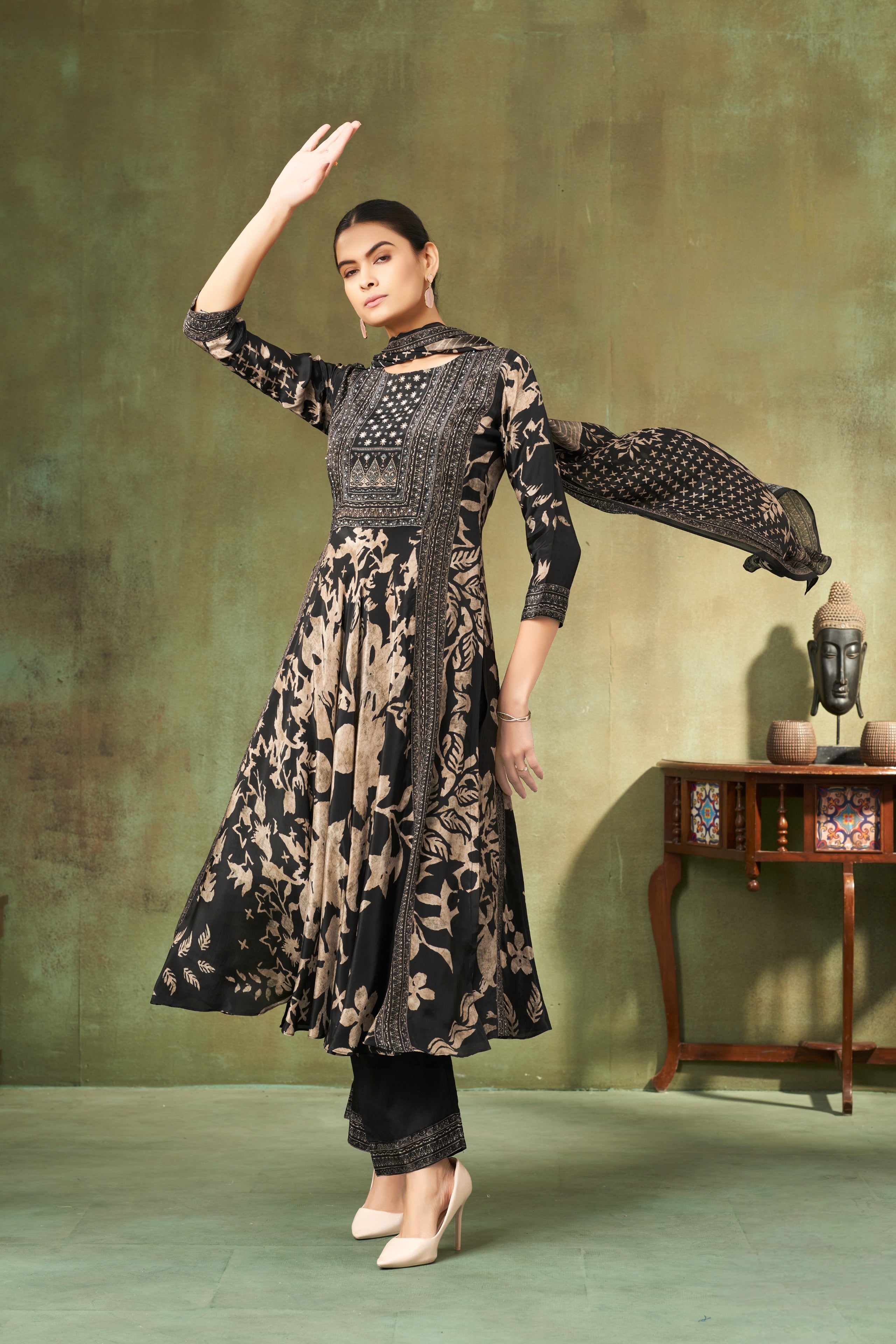 Black & Ivory Floral A-Line Salwar Suit Set