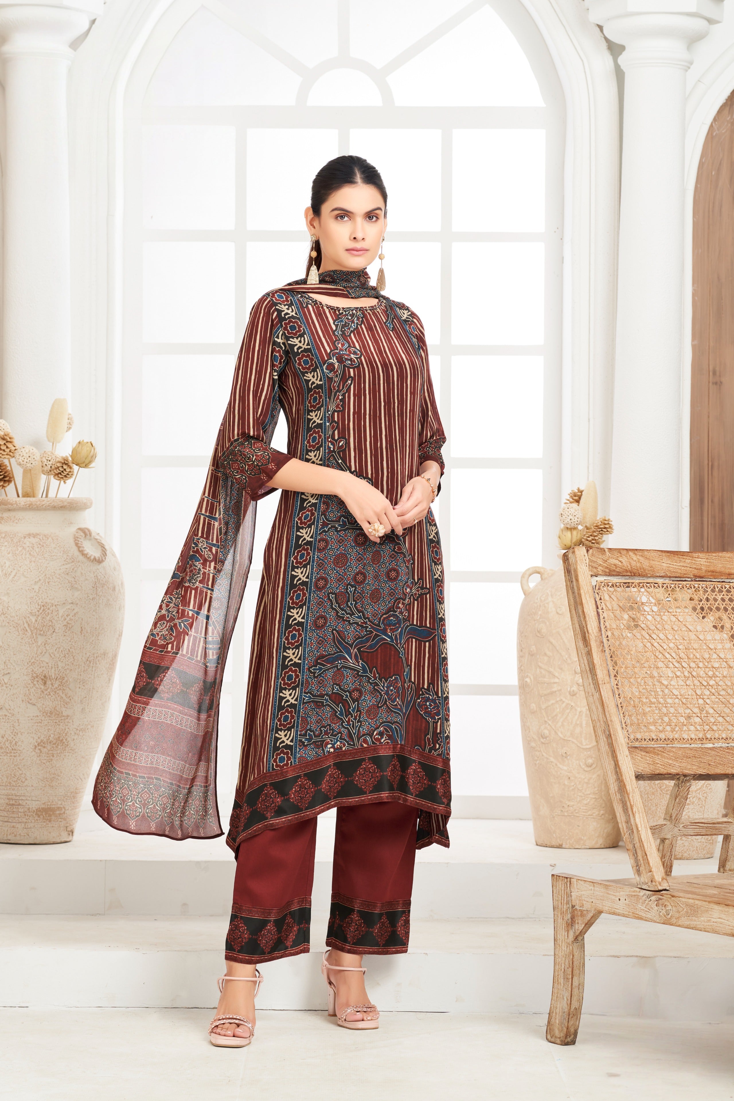 Maroon Crepe Kurta Set with Ajrakh-Inspired Printed Dupatta