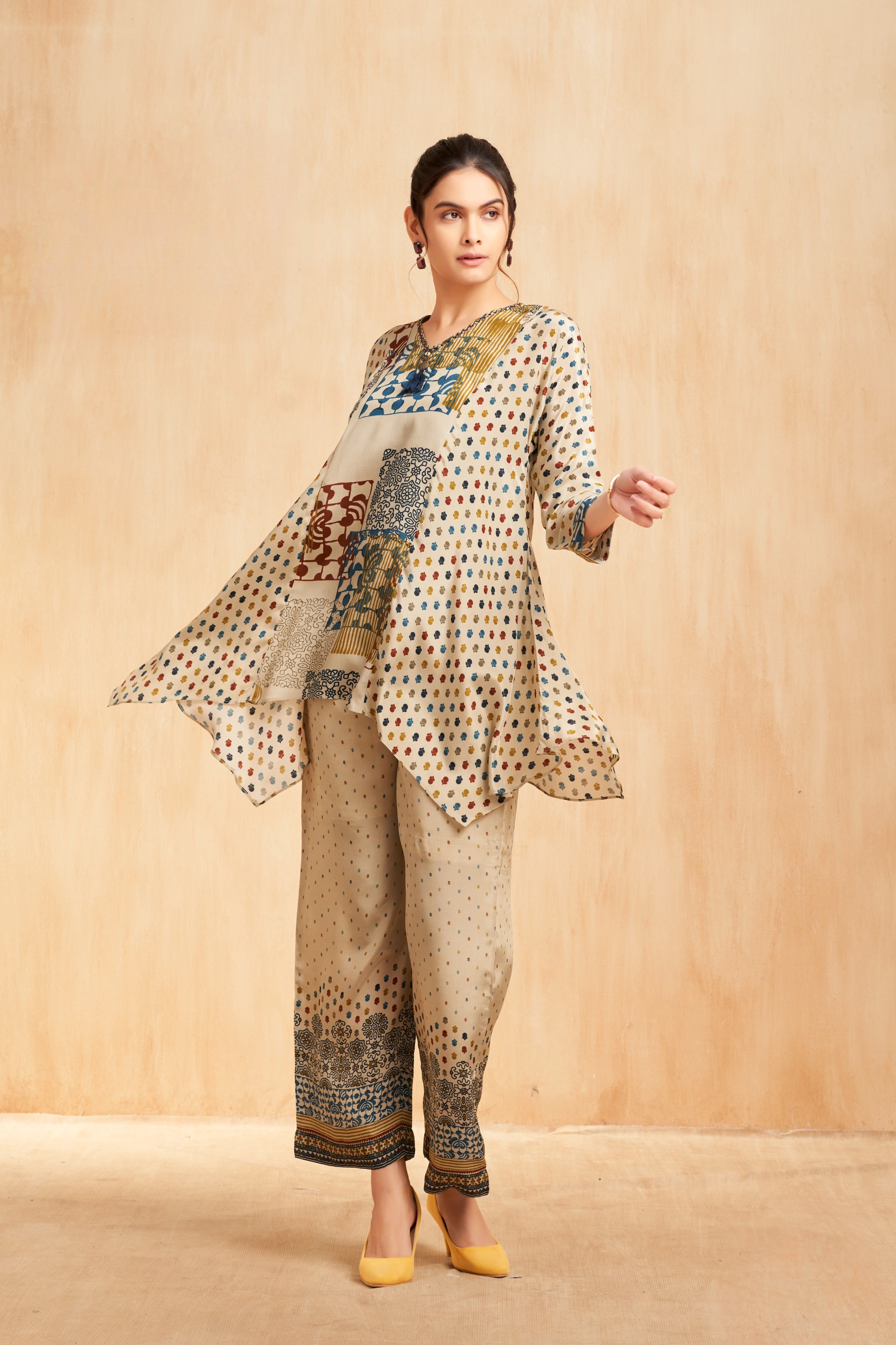 Ivory Printed Silk Kurta Set with Patchwork Motifs