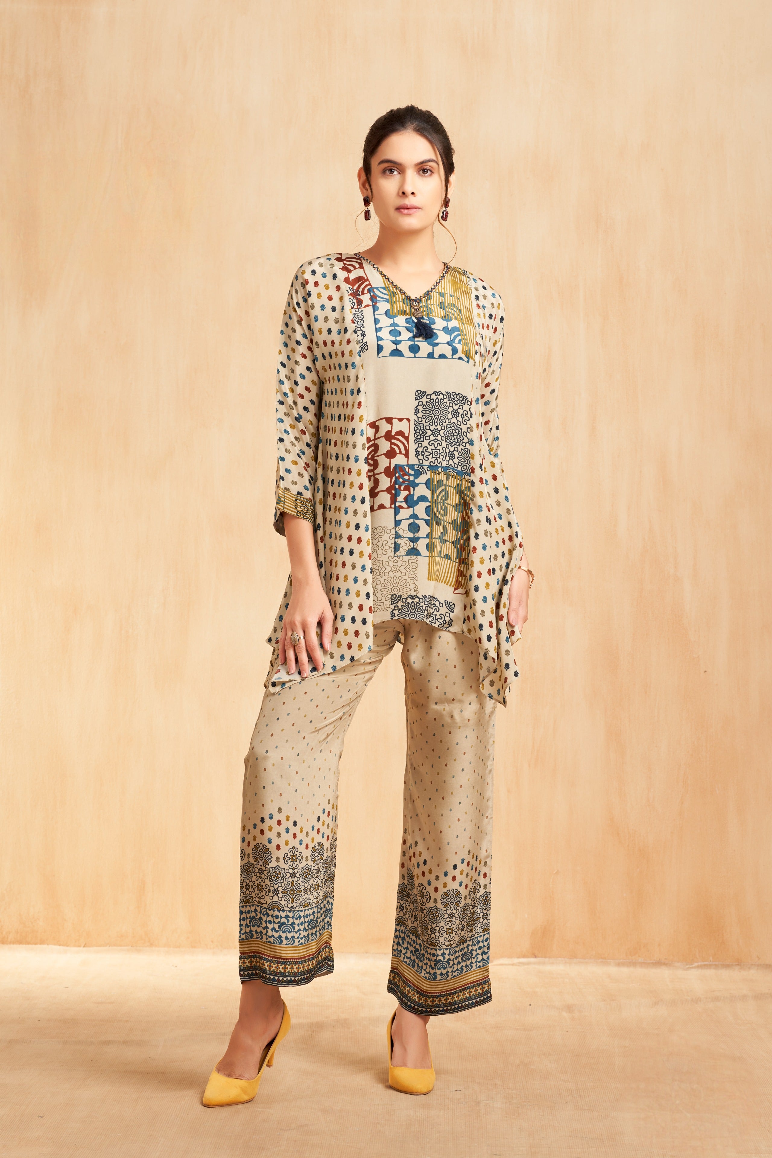 Ivory Printed Silk Kurta Set with Patchwork Motifs