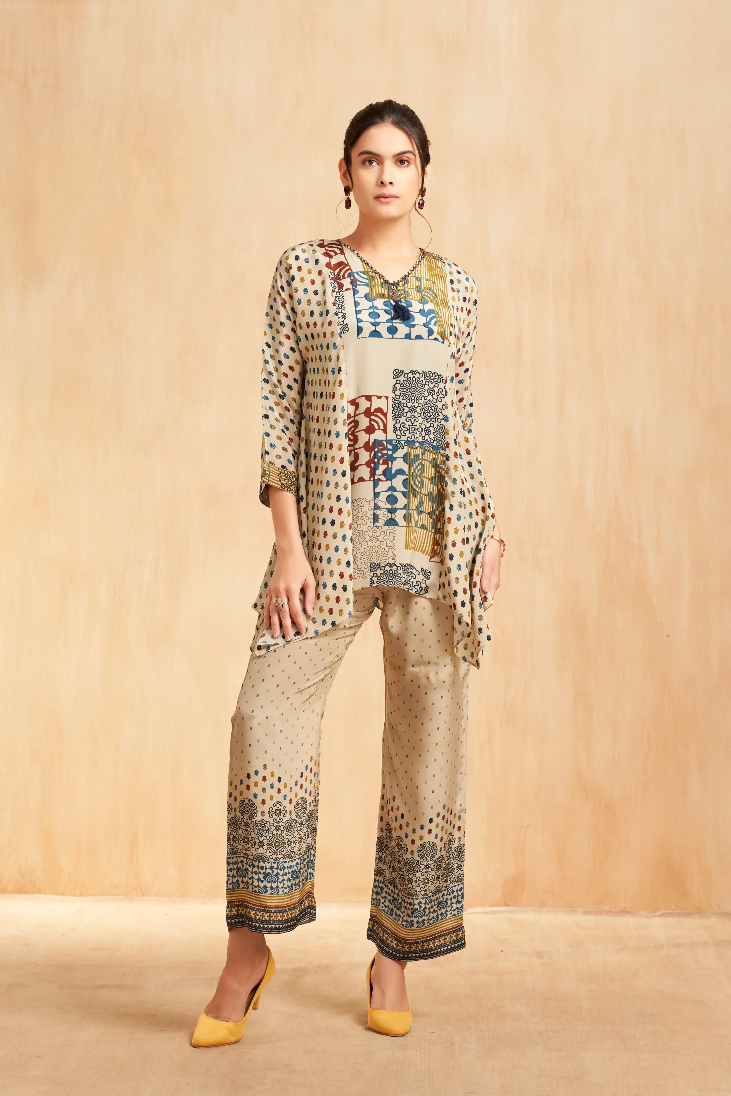 Ivory Printed Silk Kurta Set with Patchwork Motifs | Mokshaa