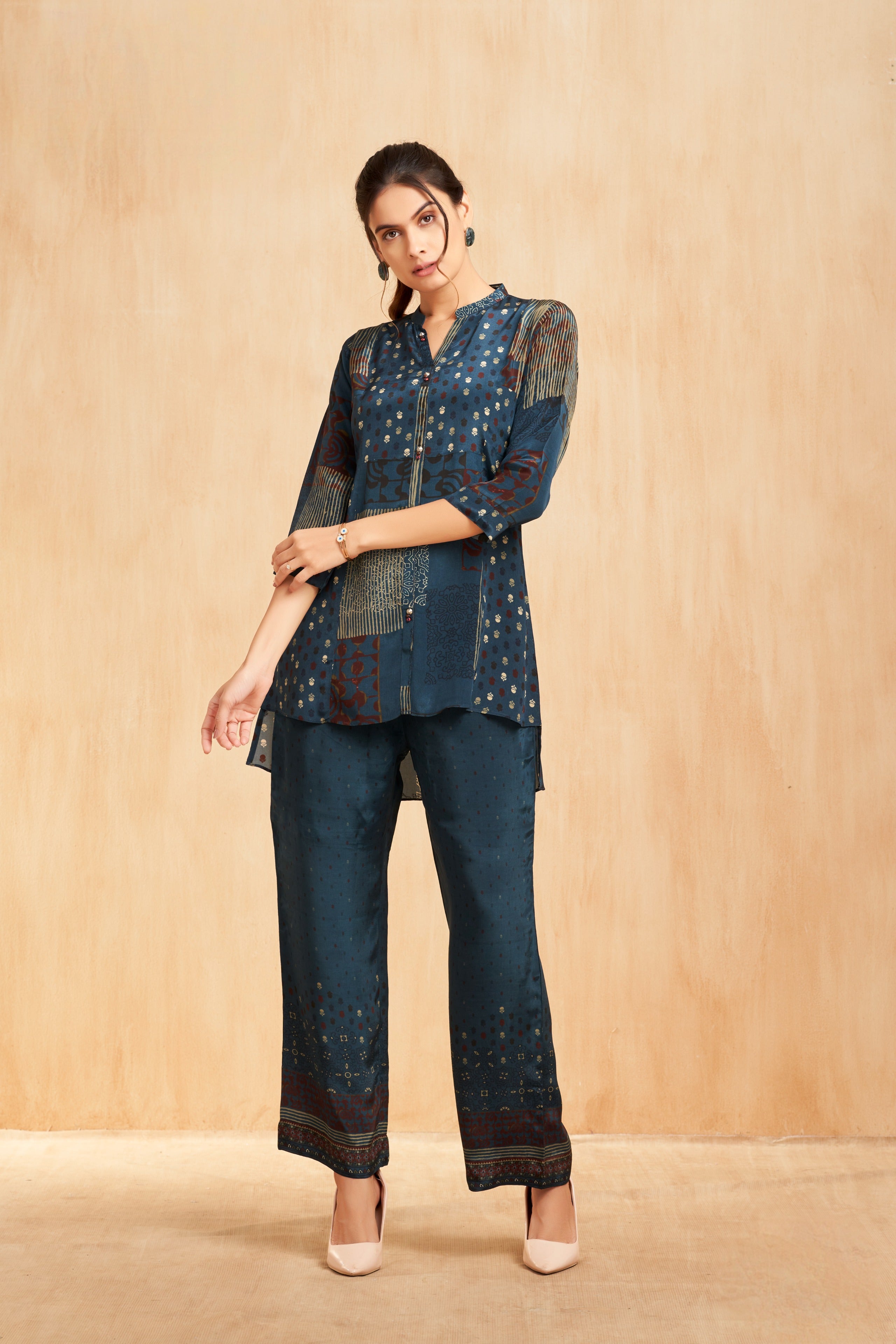 Teal Printed Crepe Co-Ord Set with Contemporary Patchwork Motifs