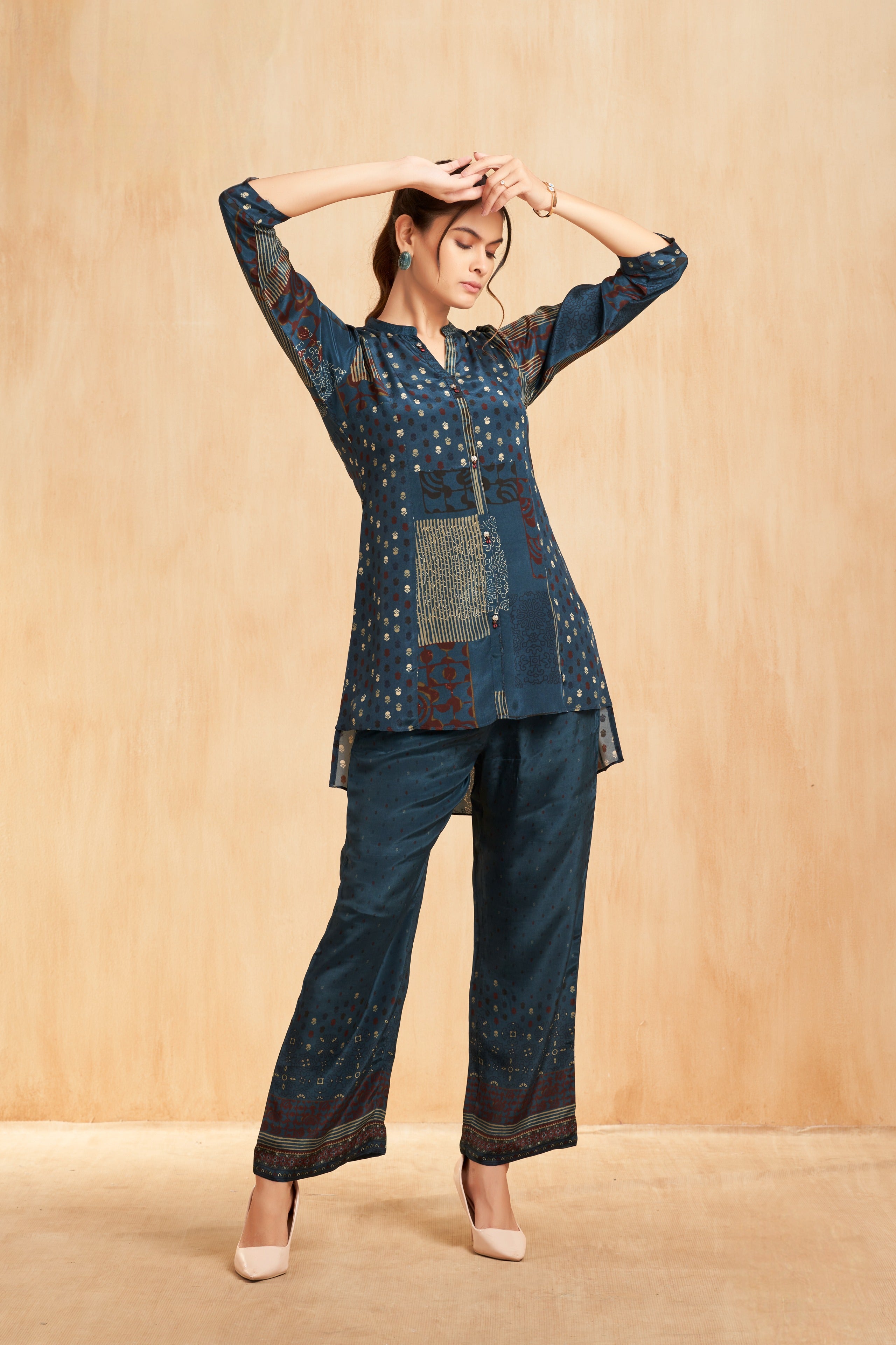 Teal Printed Crepe Co-Ord Set with Contemporary Patchwork Motifs