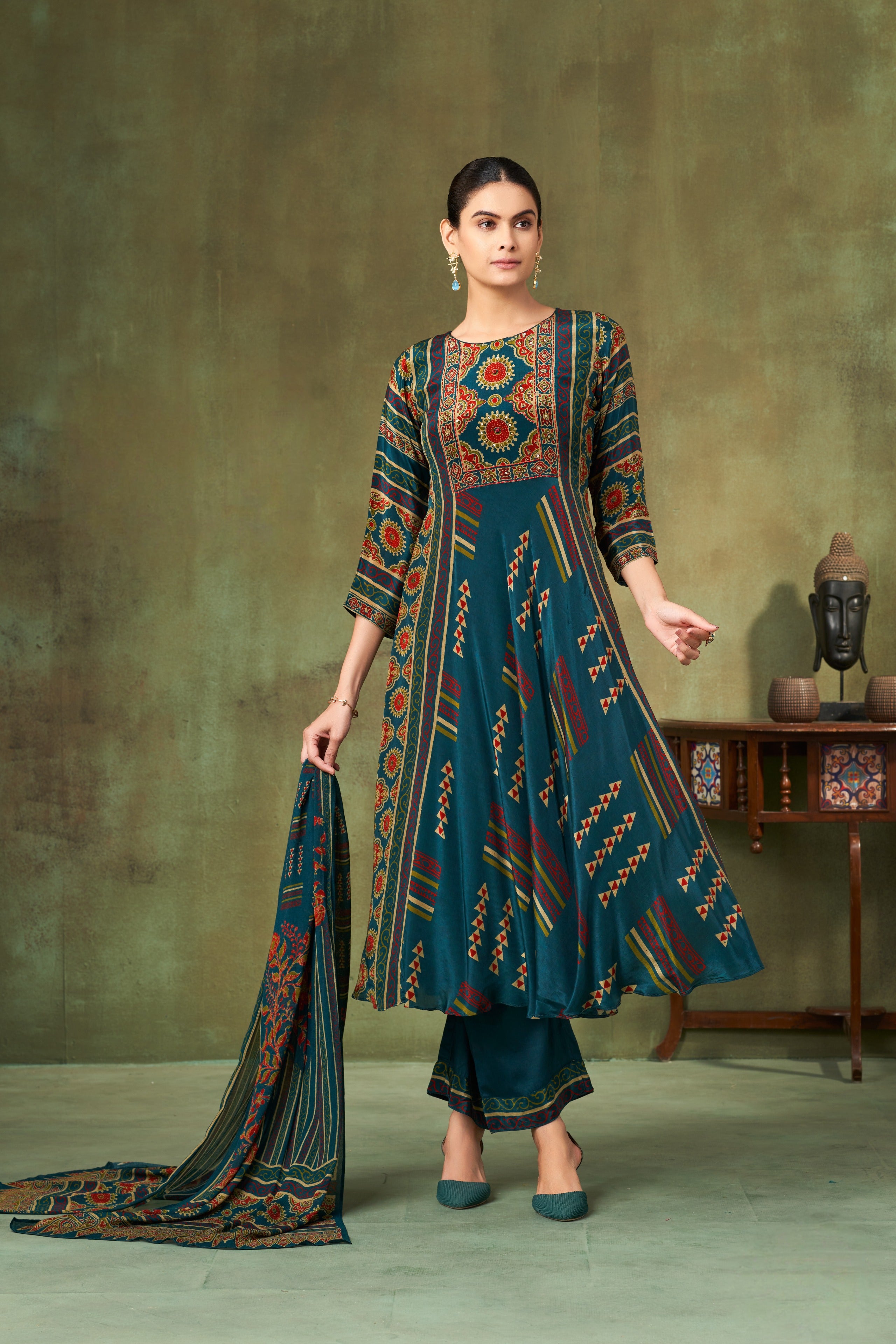Deep Teal Tribal Print Georgette A-Line Salwar Suit Set